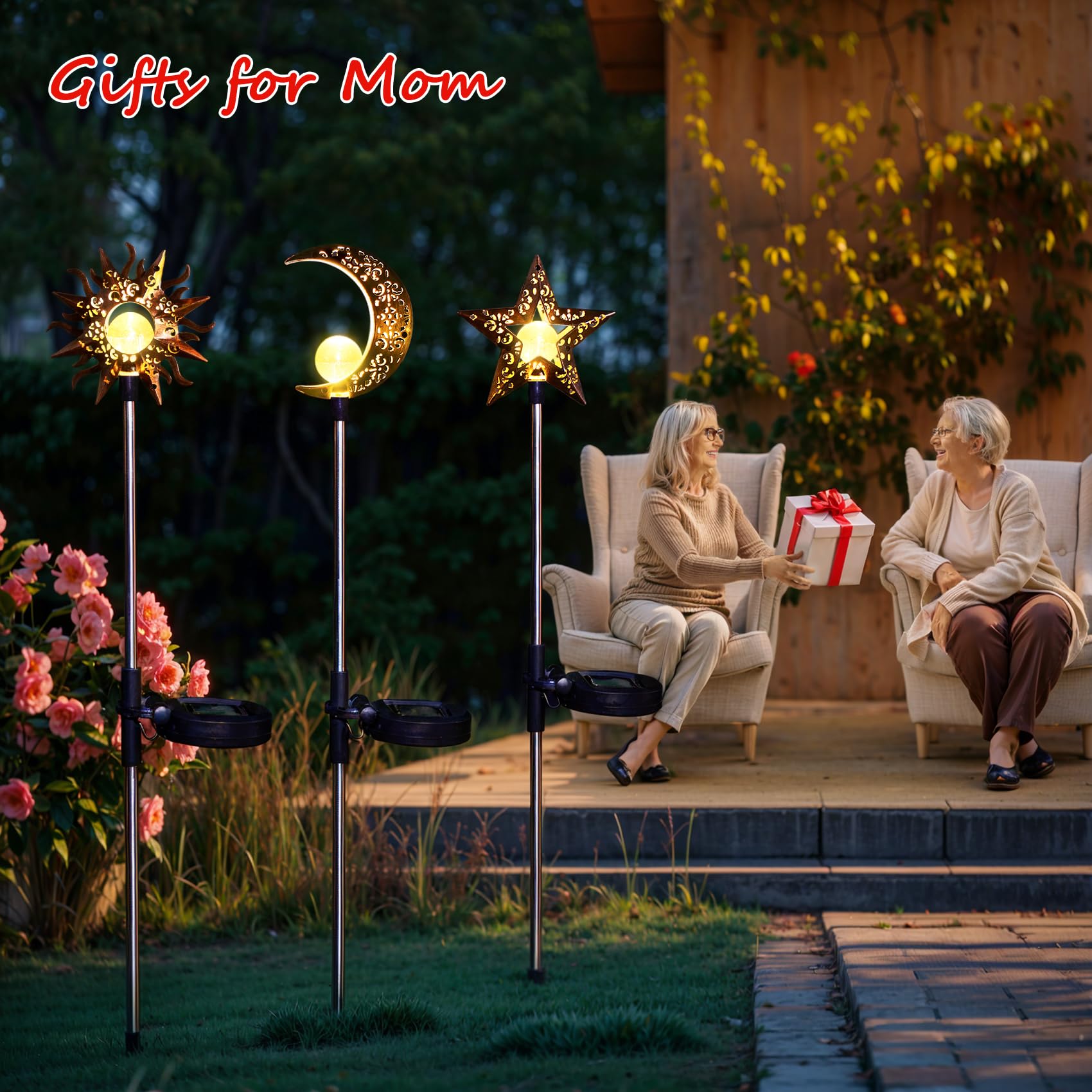 Solar Lights Outdoor Garden Decorations - Waterproof Warm White LED Stake Lights for Pathway, Lawn, Patio & Backyard | Sun Moon Star Design | Perfect for Courtyard, Yard & Landscape Lighting at Night
