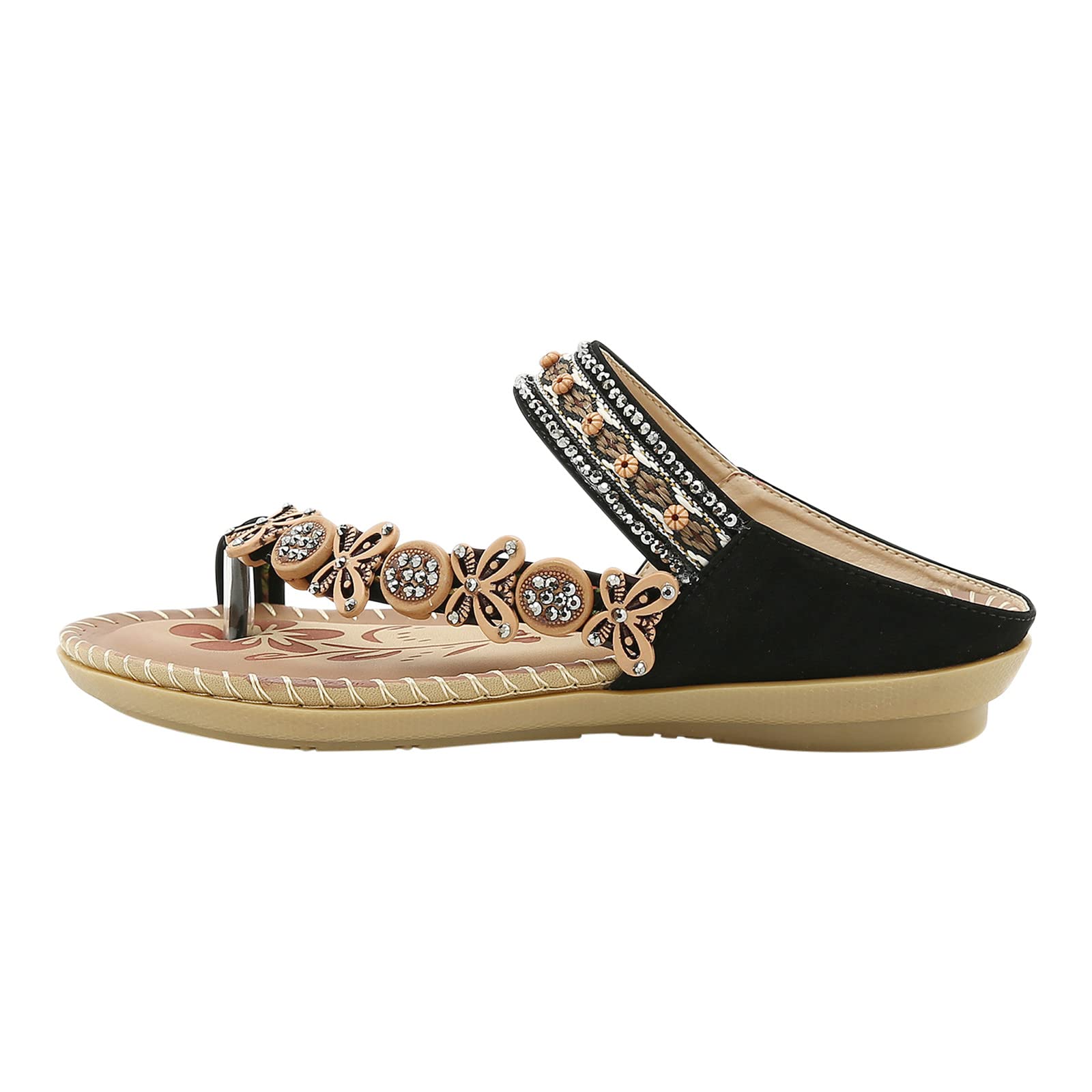 Women's Bohemian Flower Rhinestone Flat Sandals - Comfortable Summer Beach Sandals for Outdoor Walking, Vacations & Casual Wear
