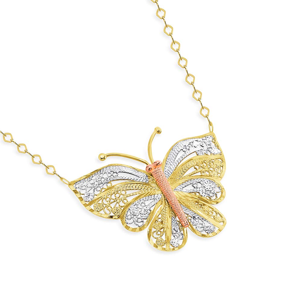 14K Yellow Gold and Rose Gold Tri-Tone Butterfly Pendant Necklace - Adjustable 16