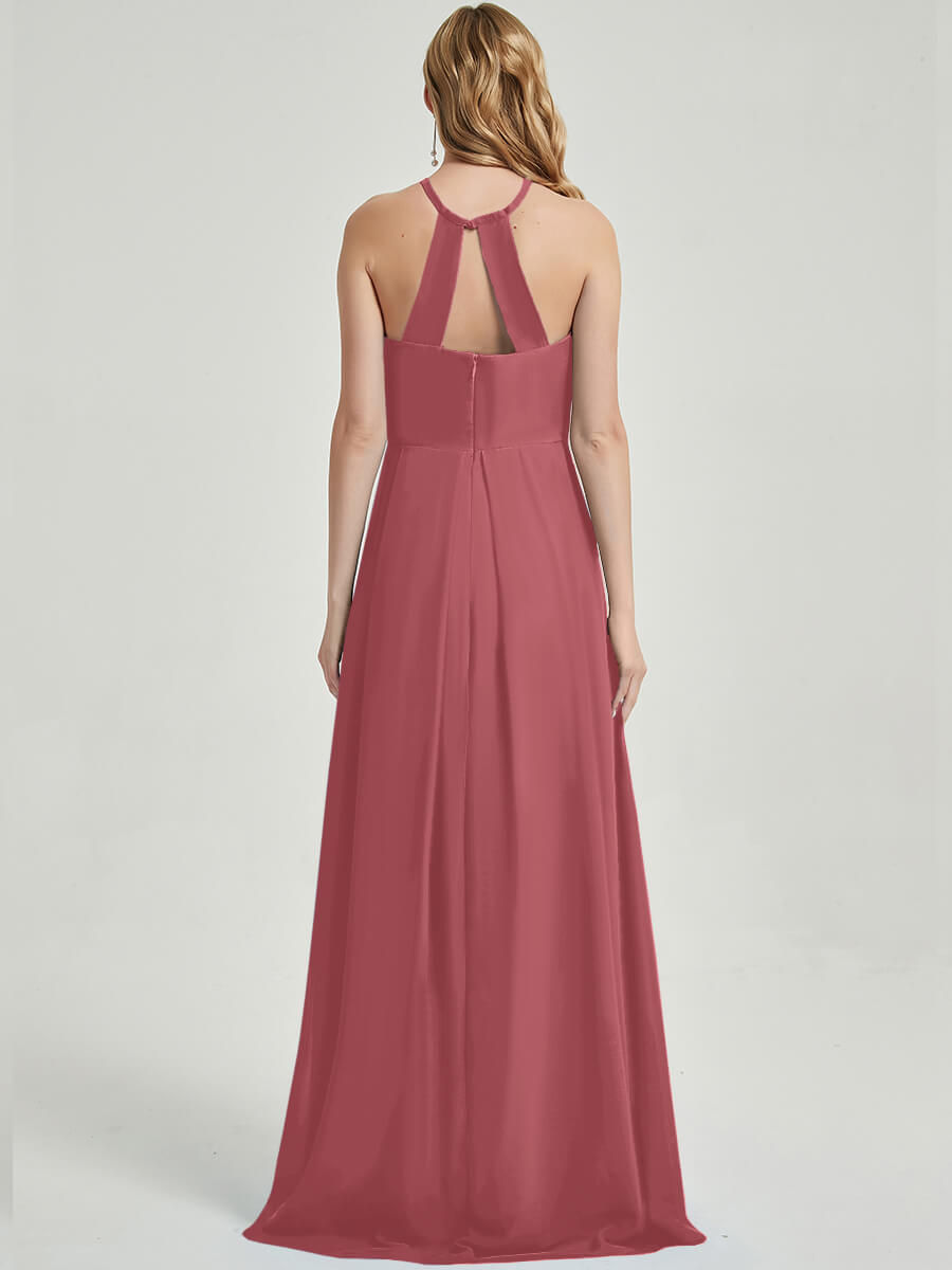 Elegant Desert Rose Halter Neck Empire Waist Pleated Backless Chiffon Bridesmaid Dress for Wedding Party, Formal Occasions & Special Events