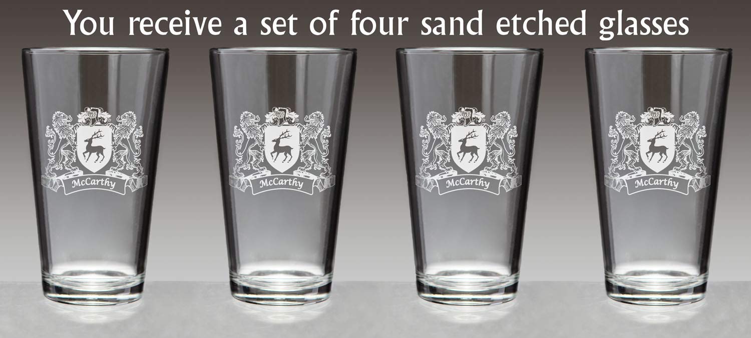 McCarthy Irish Coat of Arms Pint Glasses - Sand Etched Beer Mugs for St. Patrick's Day, Irish Pub, Home Bar & Gifts for Men - Set of 4 Traditional Irish Drinking Glasses
