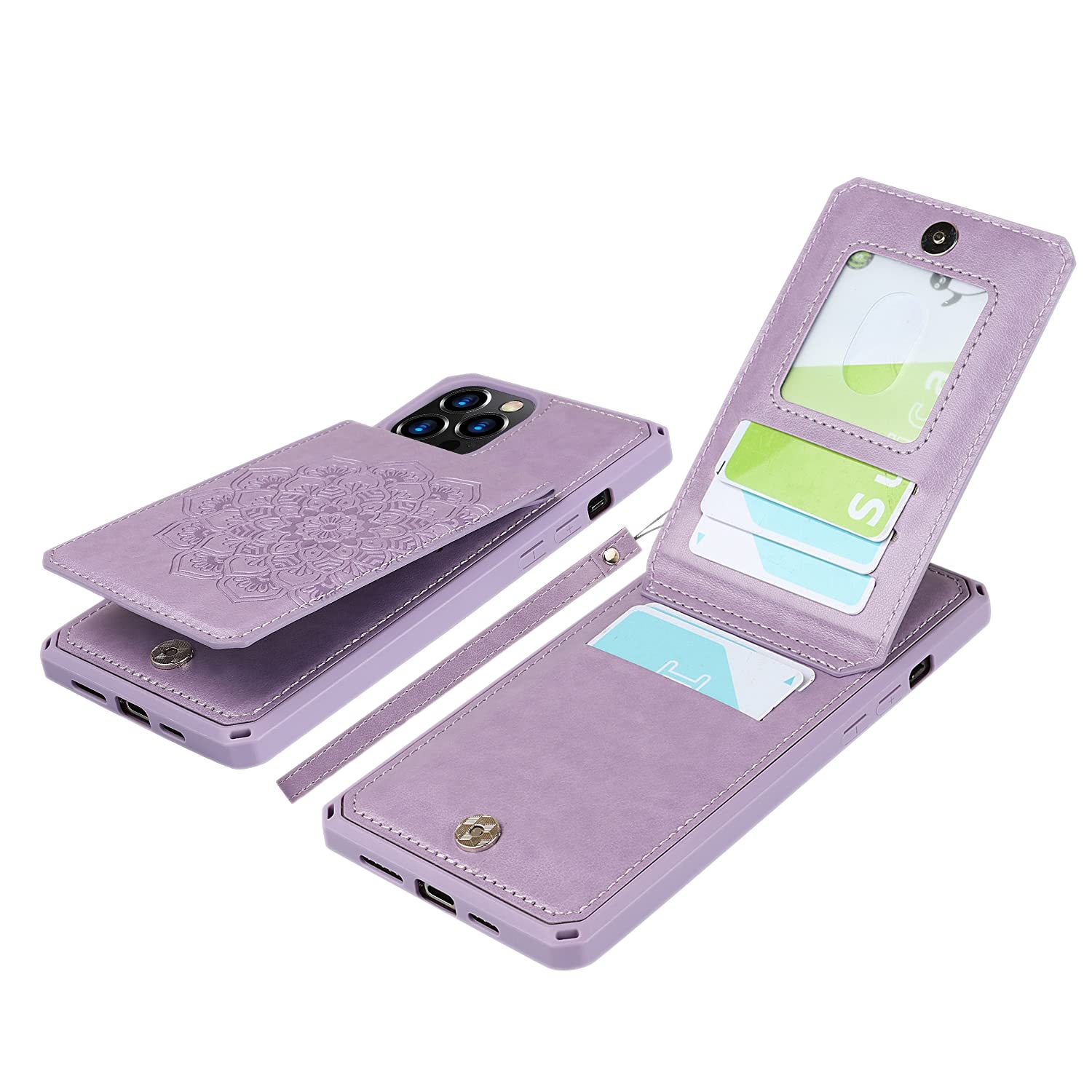 Premium Leather iPhone 12 Pro Max Wallet Case with RFID Blocking, Credit Card Holder & Magnetic Clasp - Shockproof Kickstand Cover with Wrist Strap (Mandala Purple) - Perfect for Travel, Shopping & Daily Protection