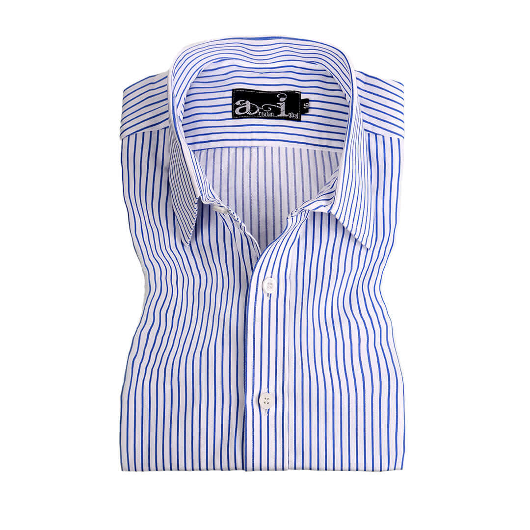 Blue Stripes on White Formal Shirt for Men | Classic Business Dress Shirt | Office Wear & Professional Attire