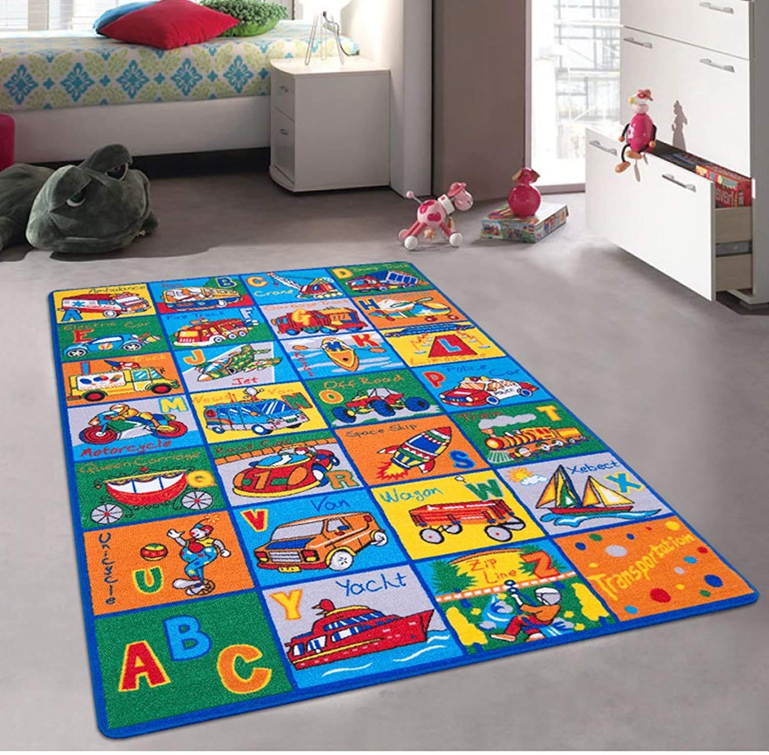 Handmade Kids Educational Play Rug - Alphabet Cars & Transportation Puzzle Mat 8x10 Feet - Colorful ABC Learning Carpet for Playrooms, Classrooms & Daycare Centers