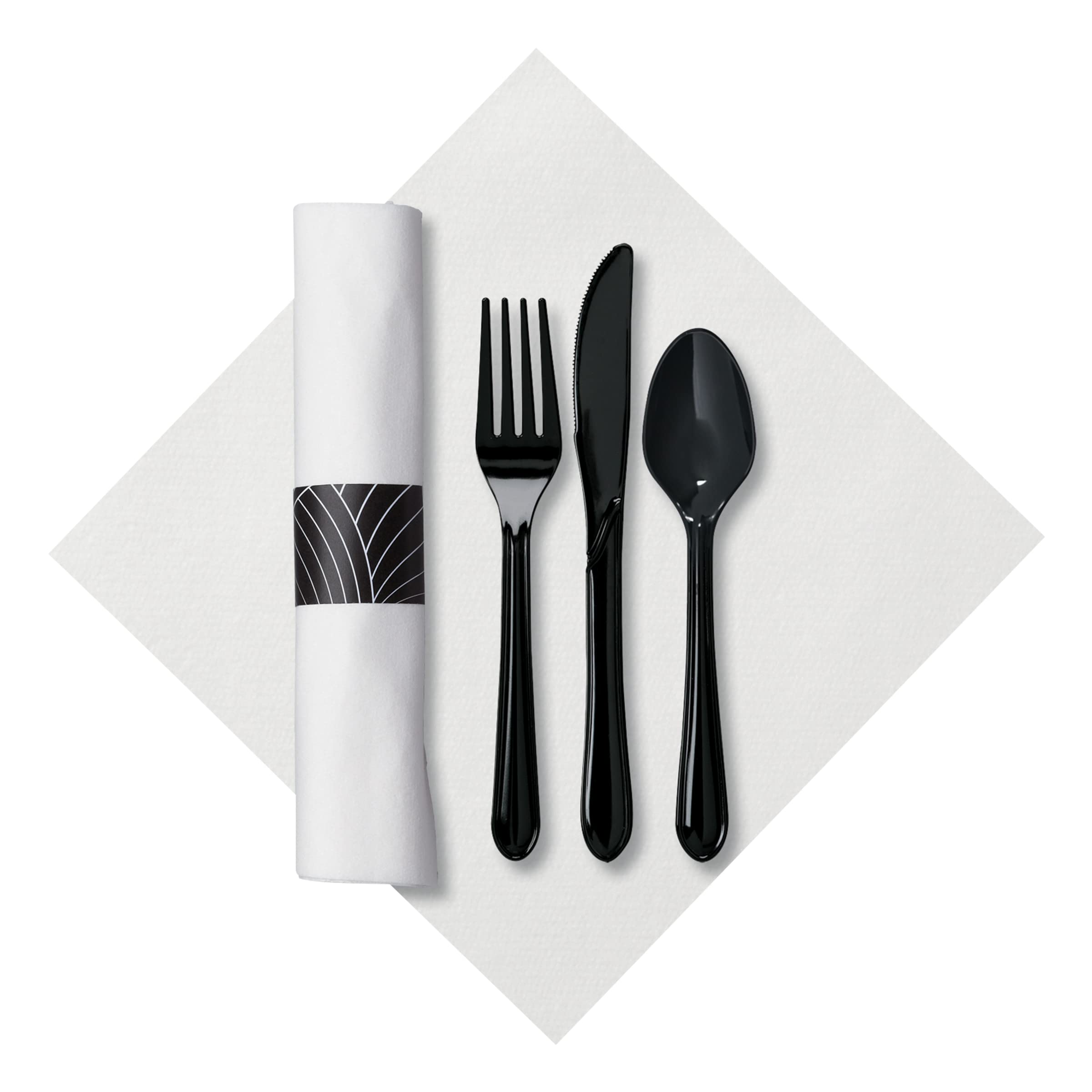 Premium CaterWrap Pre-Rolled Cutlery Set with Mystic Linen-Like Napkins - Black & White (200 Rolls/Case) - Perfect for Catering, Weddings & Formal Events