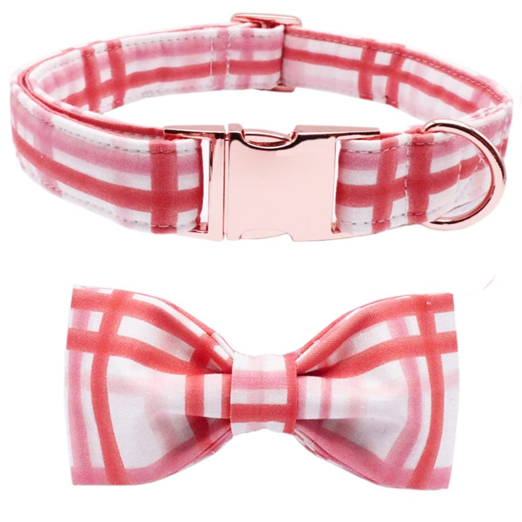 Valentine's Day Dog Collar with Bow Tie - Adjustable Pink Plaid Pet Collar for Small Medium Large Dogs (Large Size) - Perfect for Holiday Photos & Special Occasions