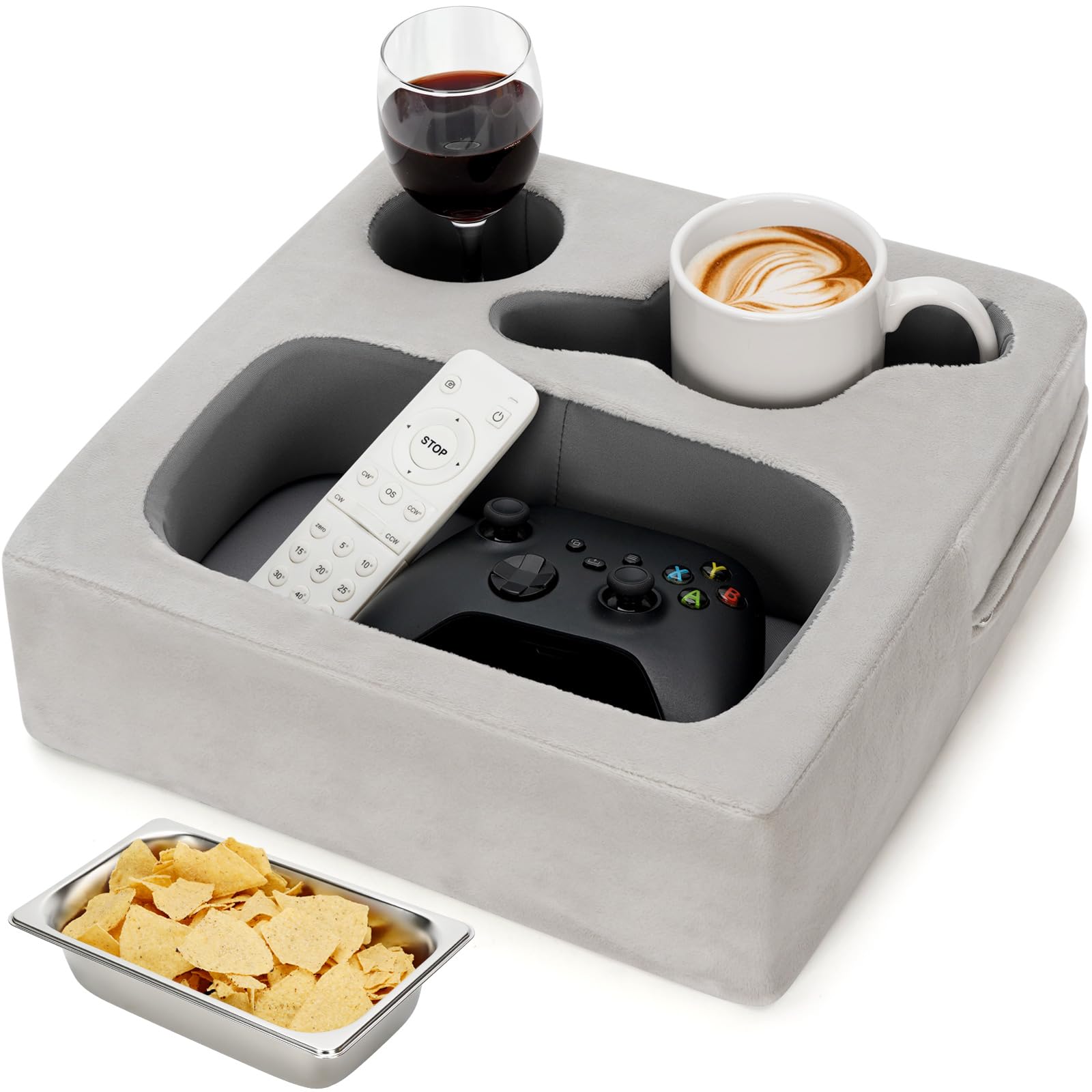 **Multi-Purpose Couch Cup Holder & Organizer - Sofa Caddy for Drinks, Snacks, Phone, Remote & Headphones - Portable for Car, RV, Beach, Camping & Home Use (Silver Grey)**