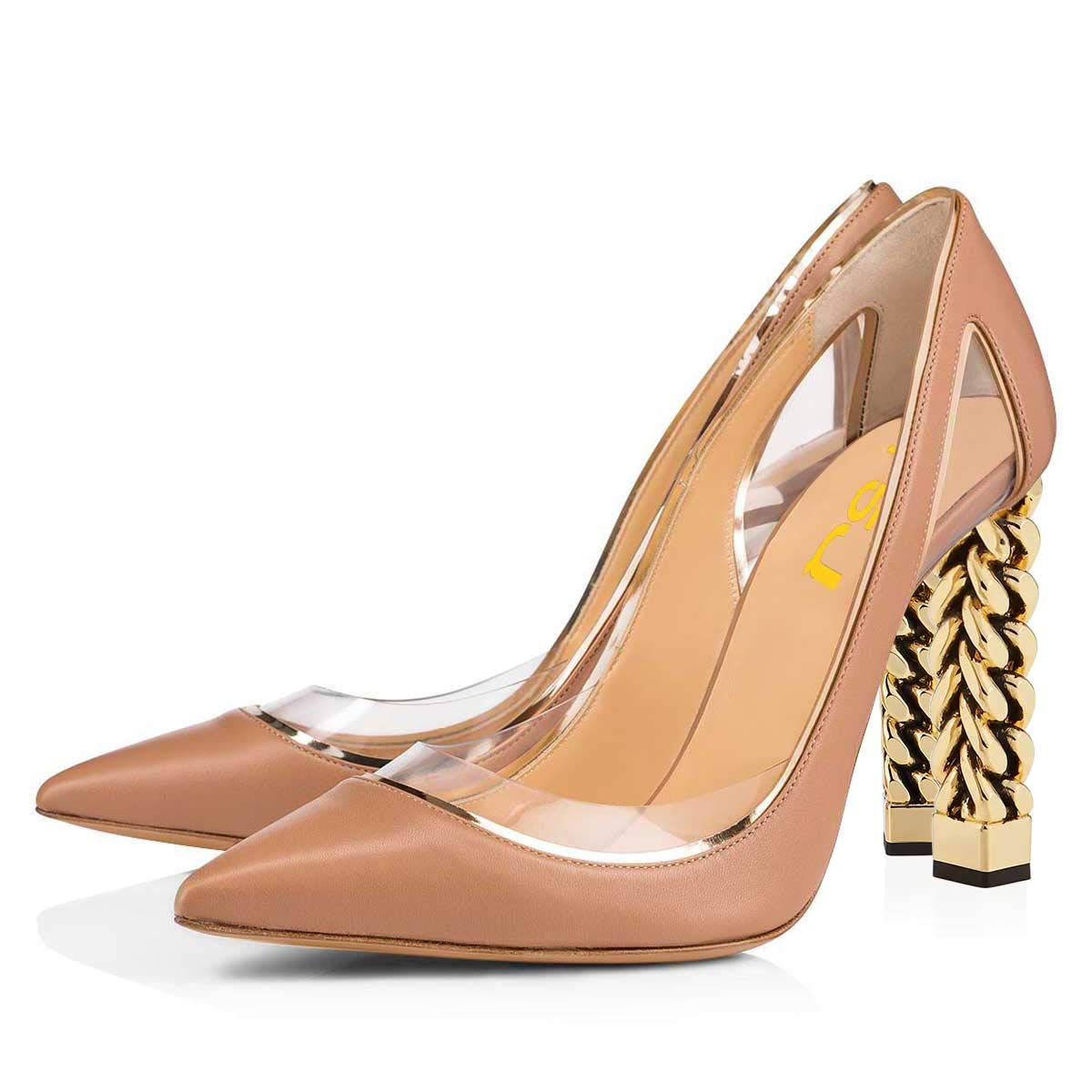 FSJ Women's Gold Chunky Chain High Heel Pointed Toe Slip On Party Prom Pumps - Fashion Evening Shoes for Women US Size 4-15 | Perfect for Prom, Wedding, Cocktail Party & Special Occasions