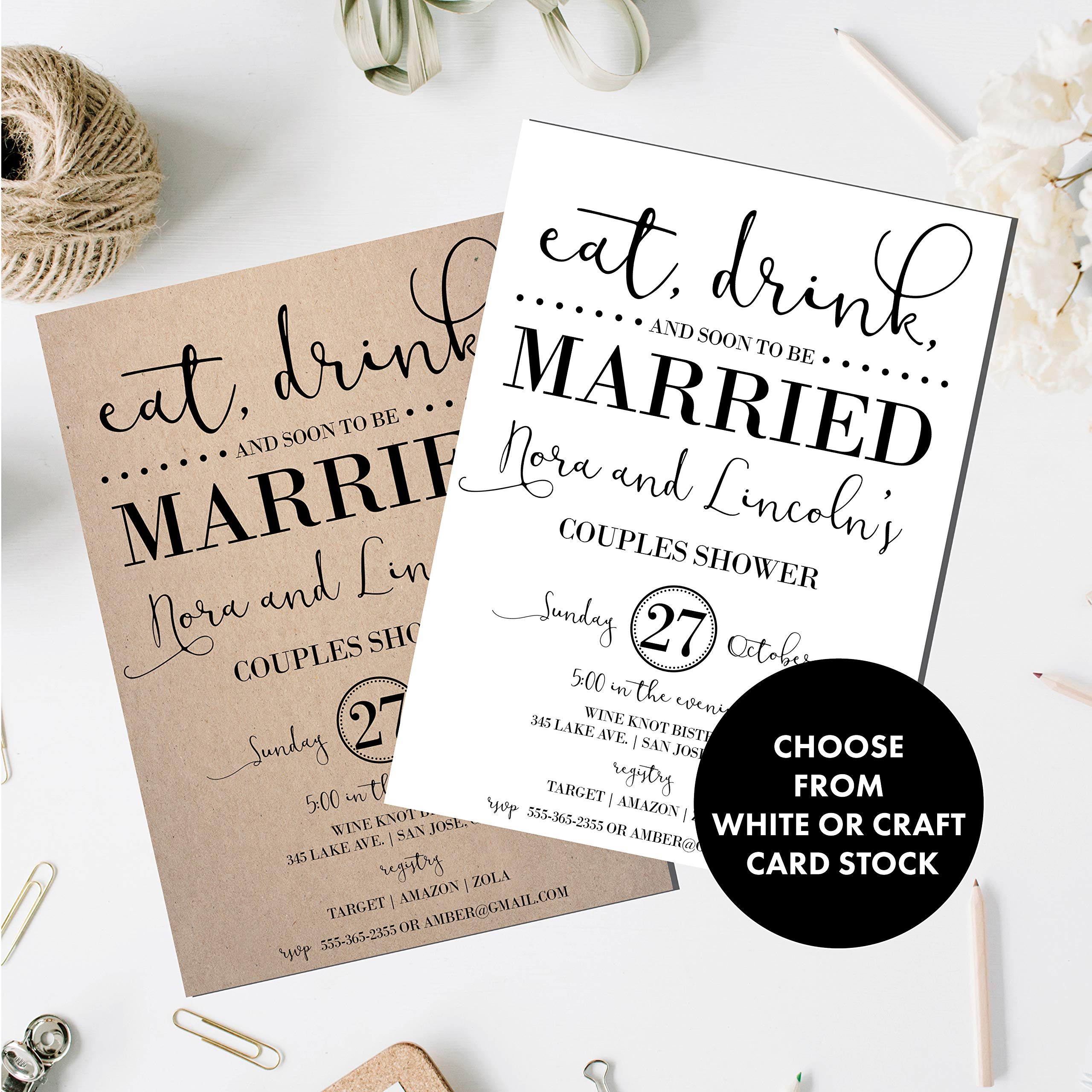 Elegant Couples Shower Invitations - Modern Black & White Kraft Paper Wedding Shower Invites with 'Eat, Drink & Be Married' Design - Perfect for Engagement Parties, Bridal Showers & Wedding Celebrations