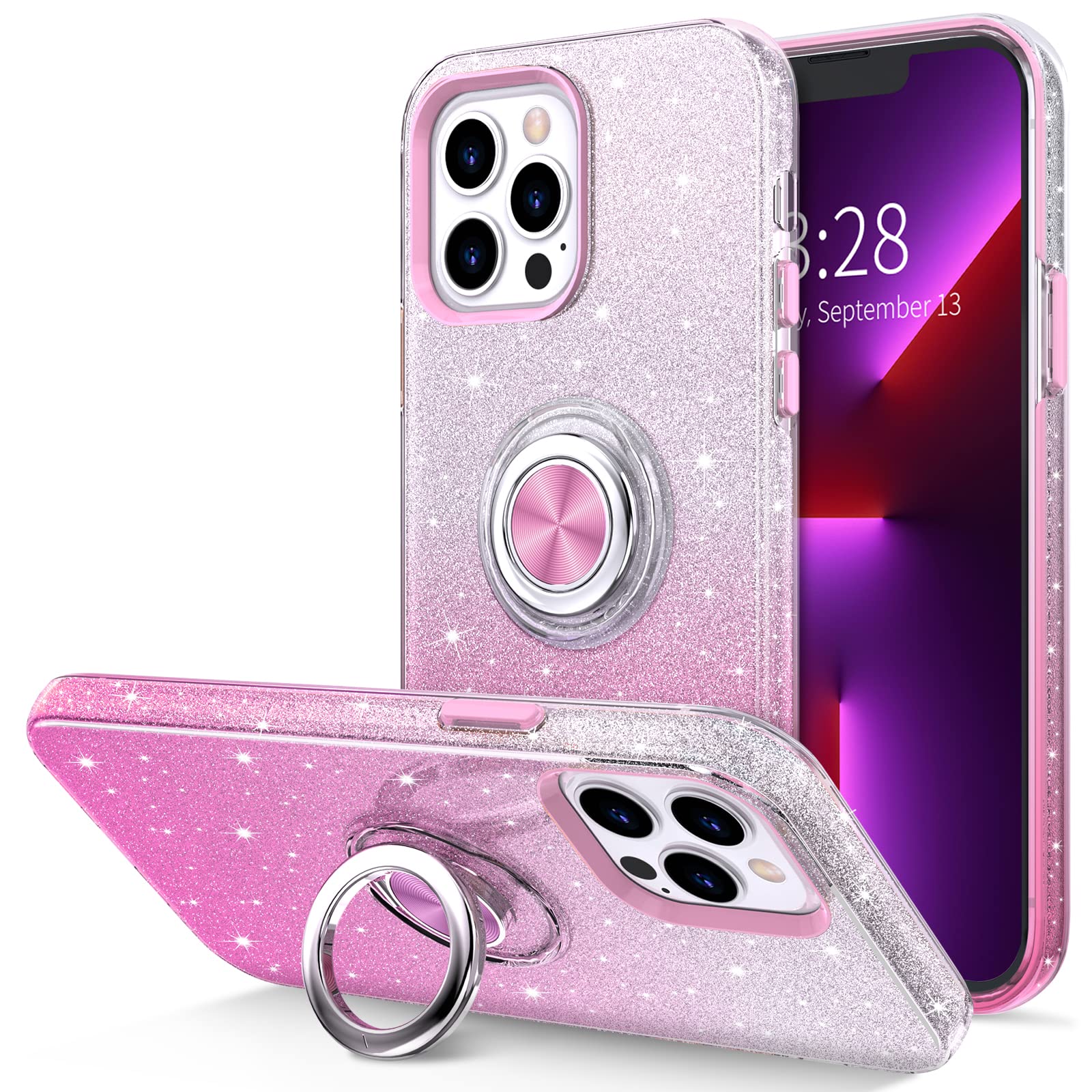 Hython iPhone 13 Pro Case with 360° Rotatable Magnetic Ring Stand - Sparkly Glitter Bling Hybrid Phone Cover (Pink) | Car Mount Compatible, Perfect for Work, Travel & Everyday Use