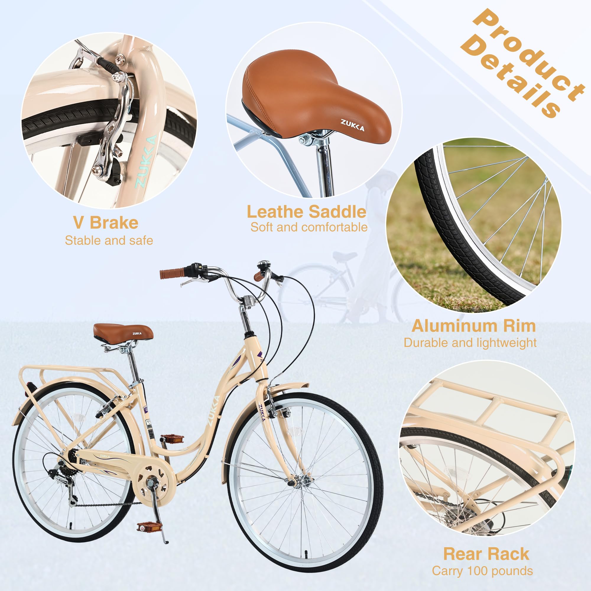 26 Inch Women's Beach Cruiser Bike - 7 Speed Comfortable City Commuter Bicycle with Durable Rear Rack for Short Women, Ladies & Seniors - Perfect for Beach Rides, City Commuting & Leisure Cycling