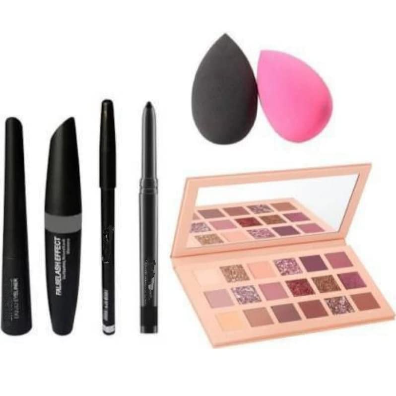 Groovs Nude Edition Eyeshadow Palette with 3-in-1 Eyeliner, Mascara & Eyebrow Pencil - Kajal & 2 Beauty Blenders (7-Piece Makeup Kit) | Perfect for Everyday Wear, Party Looks & Professional Makeup Artistry