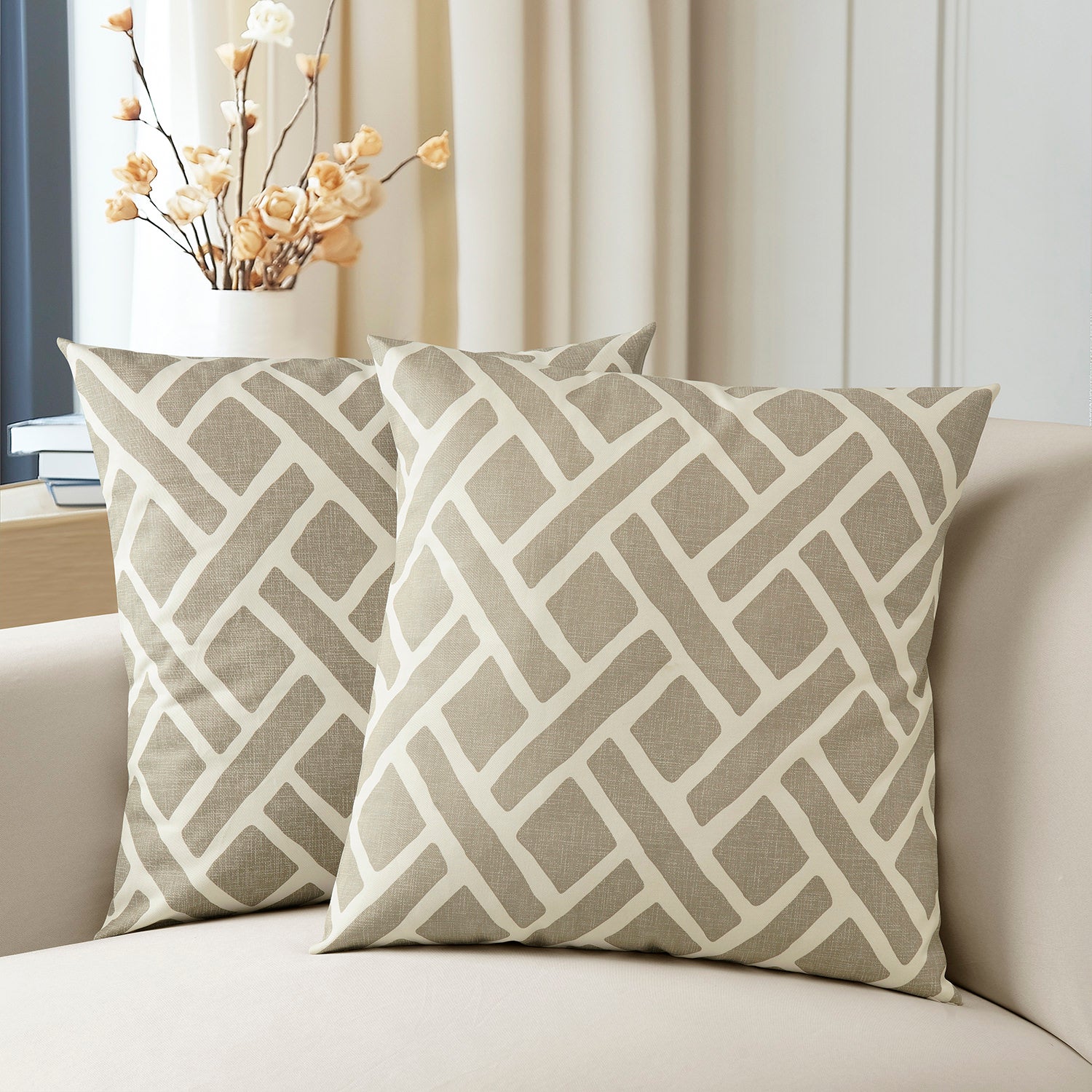 Martinique Taupe Geometric Printed Cotton Cushion Covers Set of 2 - Stylish Sofa & Bed Decor for Living Room, Bedroom, and Home Office