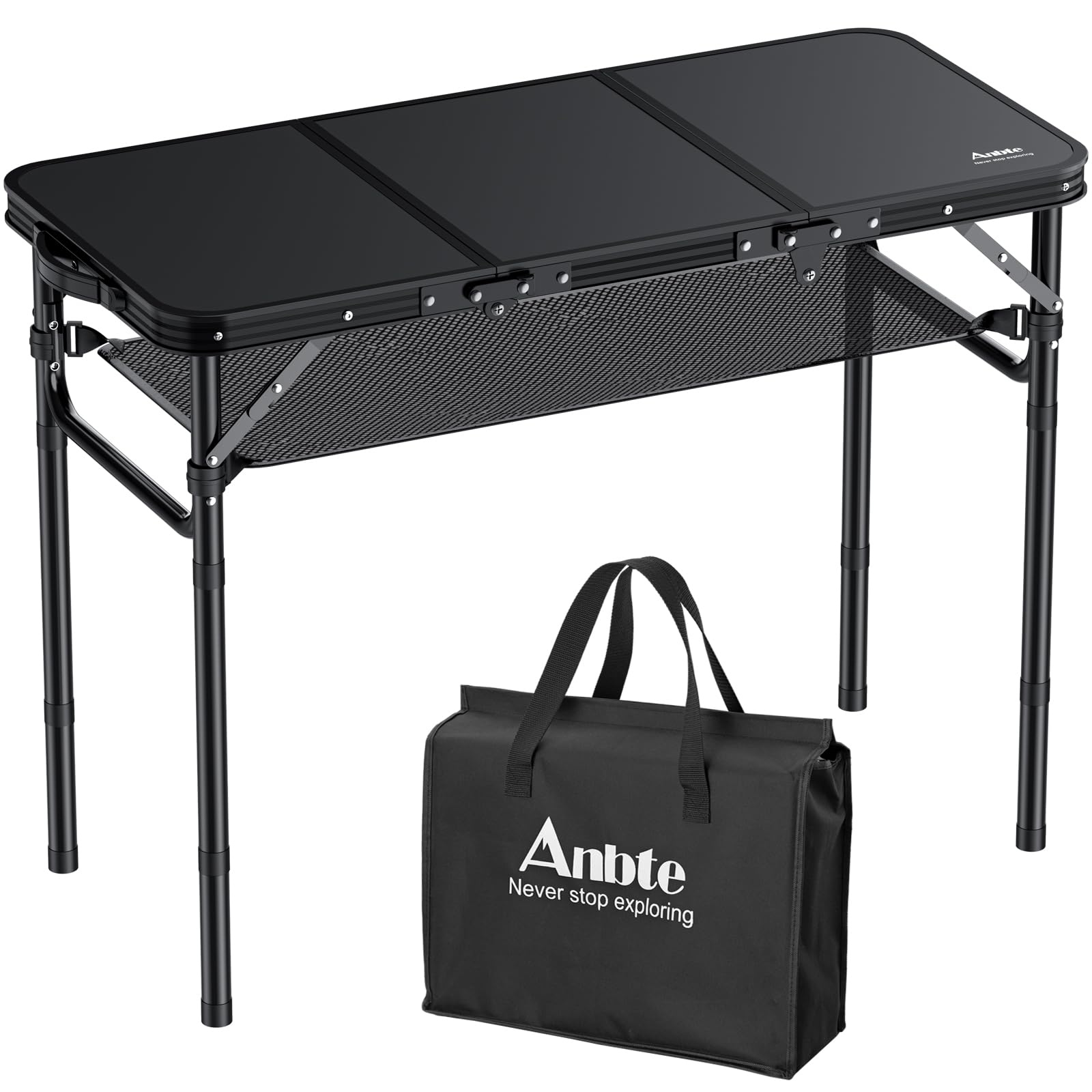 Portable Folding Camping Table with Storage Net - 3ft Aluminum Picnic Table with 3 Adjustable Heights (Up to 27.1 Inches) - Lightweight Outdoor Table for Camping, Backyard BBQ, Beach & Tailgating - Pure Black