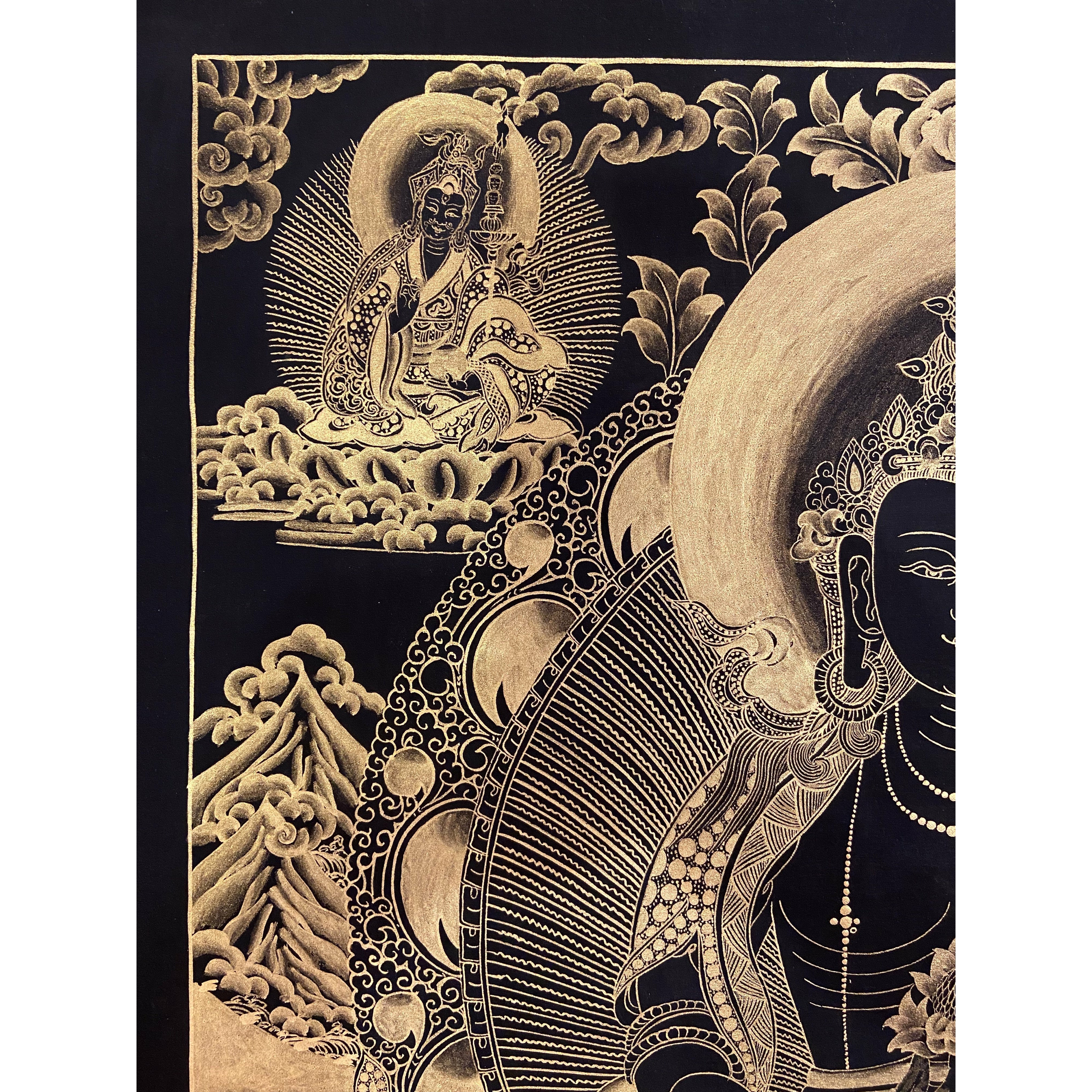 Amitayus Buddha Black and Gold Thangka Painting - Tibetan Buddhist Wall Art for Meditation & Home Decor | Perfect for Yoga Studios, Spiritual Spaces & Gift Giving