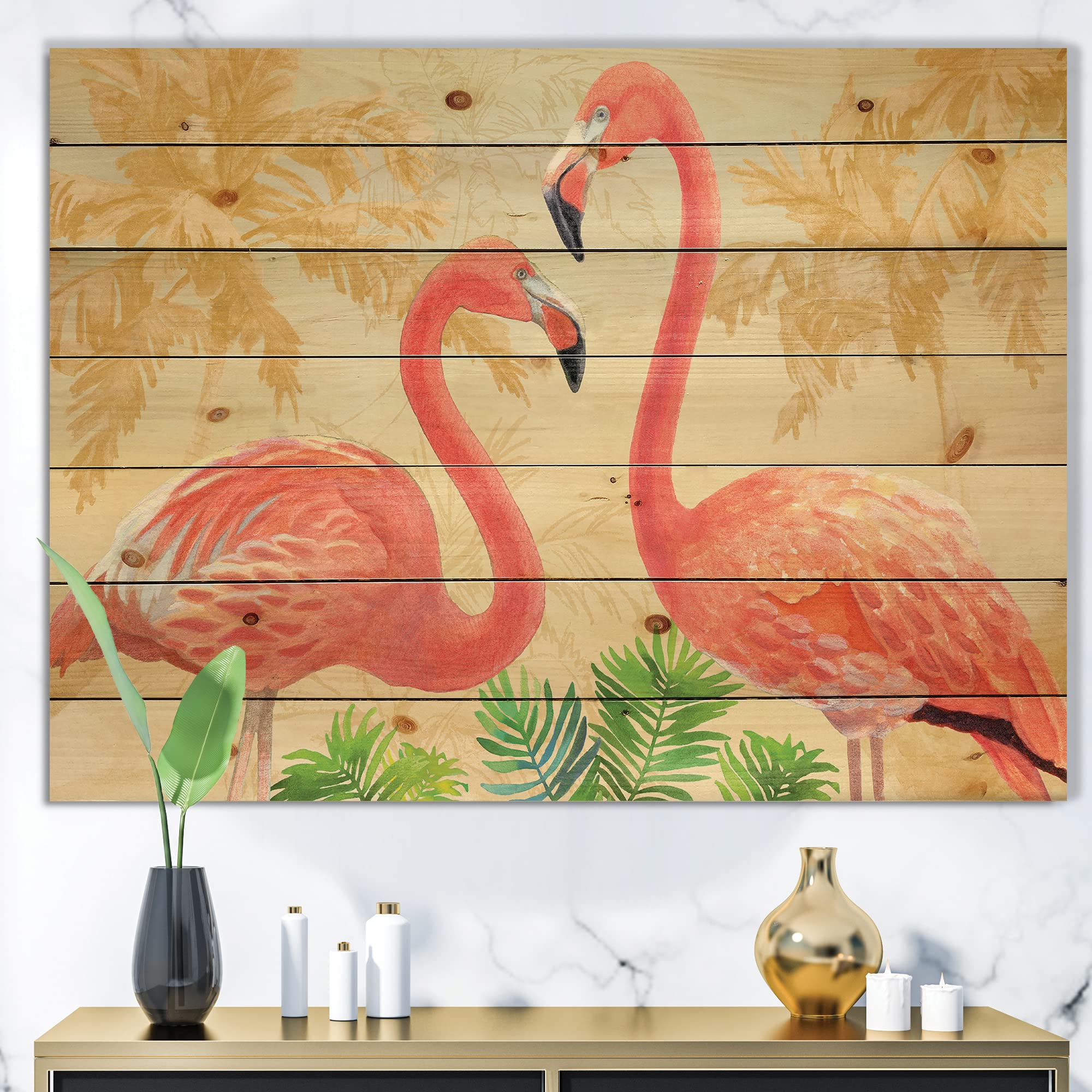 DesignQ Gold Glam Flamingos Wood Wall Decor - Pink Flamingo Wall Art, Large Animal Wood Panels Printed on Natural Pine - Perfect for Living Room, Bedroom & Tropical Home Decor