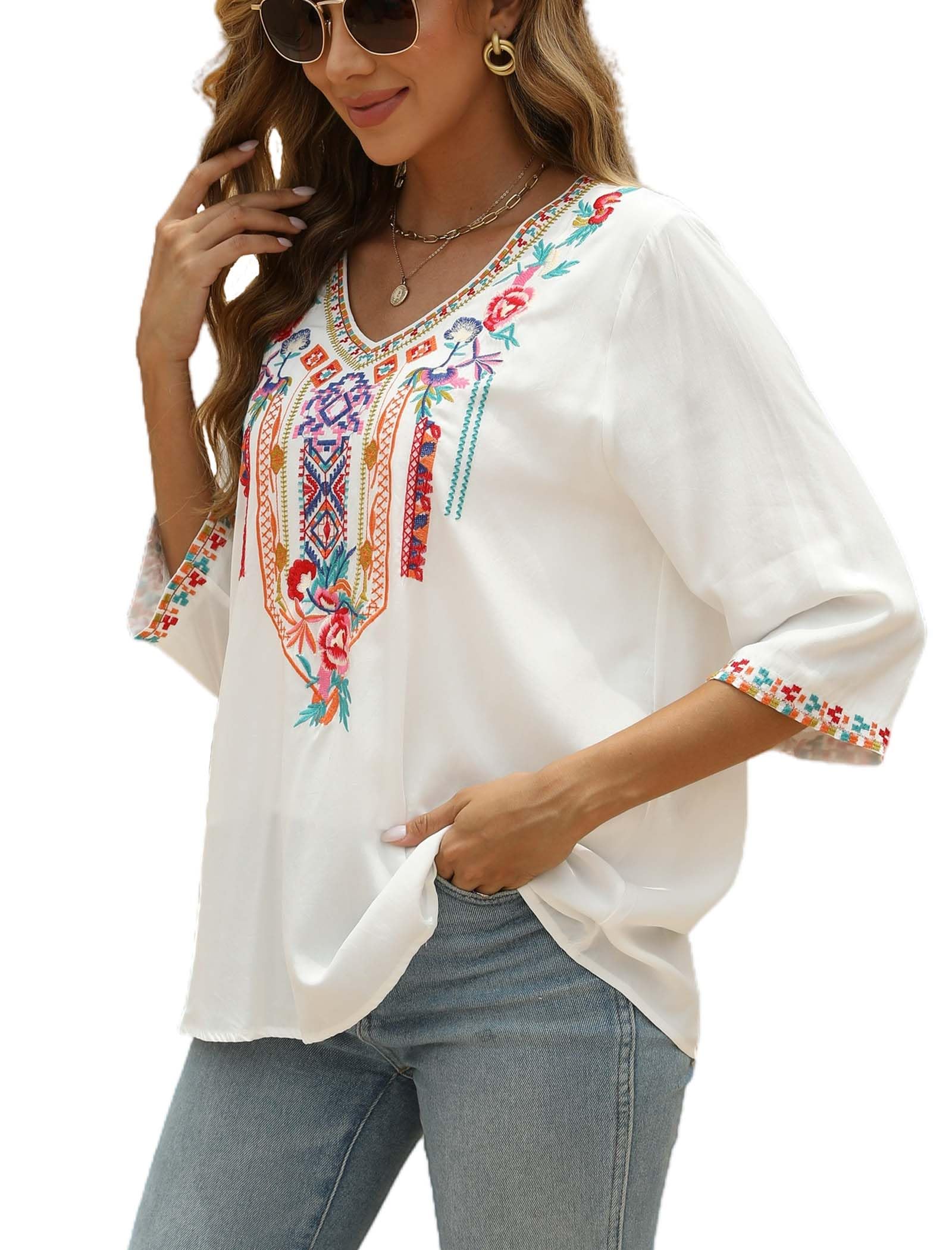 LauraKlein Women's Summer Boho Embroidery Mexican Bohemian Tops - V Neck 3/4 Sleeve Casual Loose Blouse Tunic for Beach, Festival & Vacation Wear