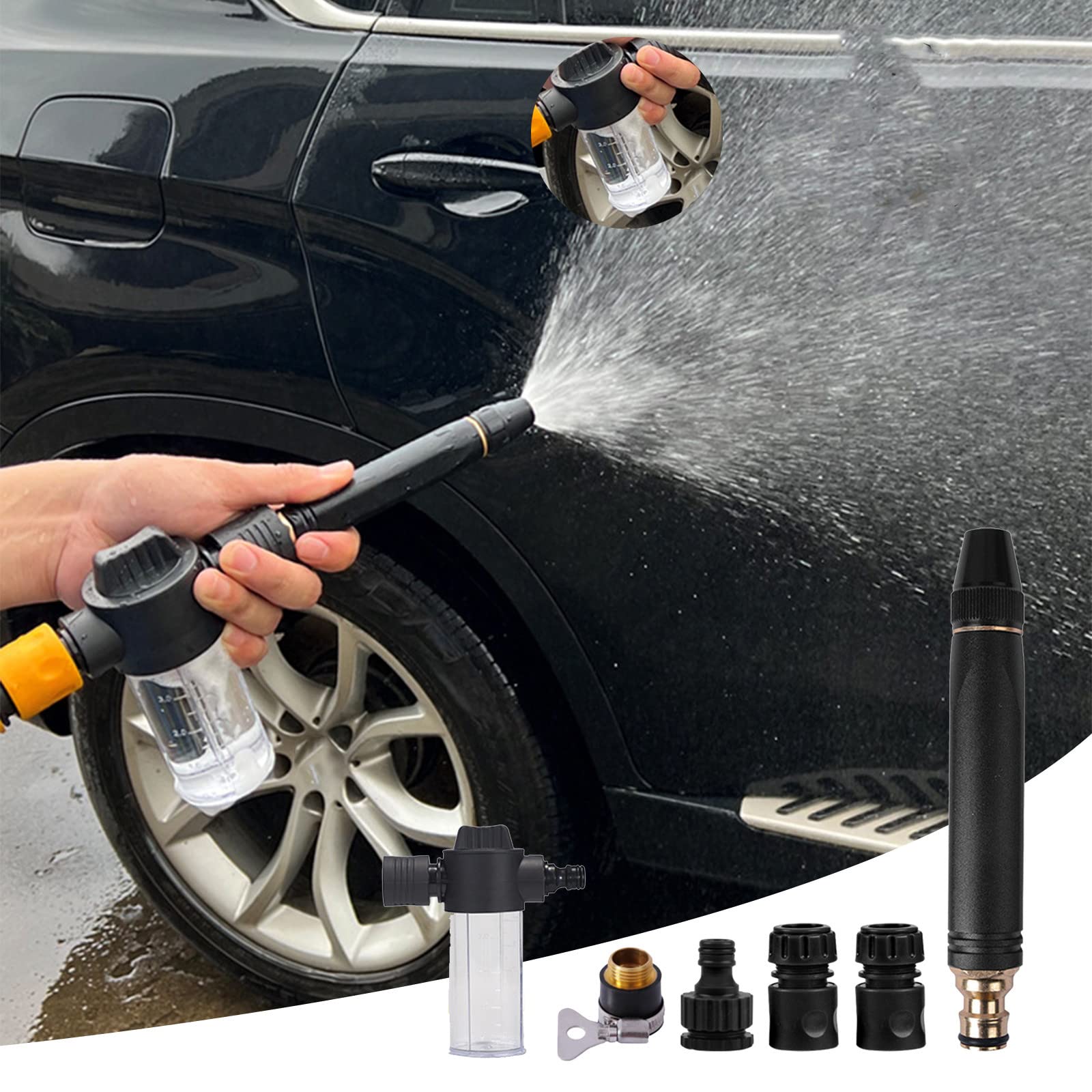 Alloy Copper Plated Adjustable High Pressure Water Nozzle - Multi-Purpose Spray Nozzle for Home Garden, Car Wash & Cleaning (Set of 4 Connectors + 1 Foam Pot) | Perfect for Lawn Watering, Vehicle Detailing & Outdoor Cleaning Tasks