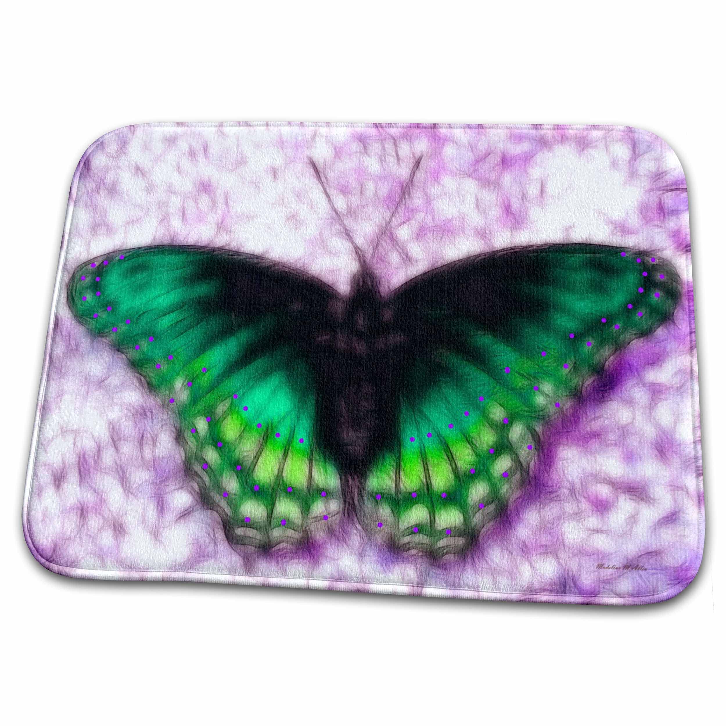 Butterfly Green Dish Drying Mat - Absorbent Kitchen Counter Mat for Dishes, Cups & Utensils - Cute Animal Design for Countertop Protection & Drying - Perfect for Kitchen, RV, Dorm & Small Spaces