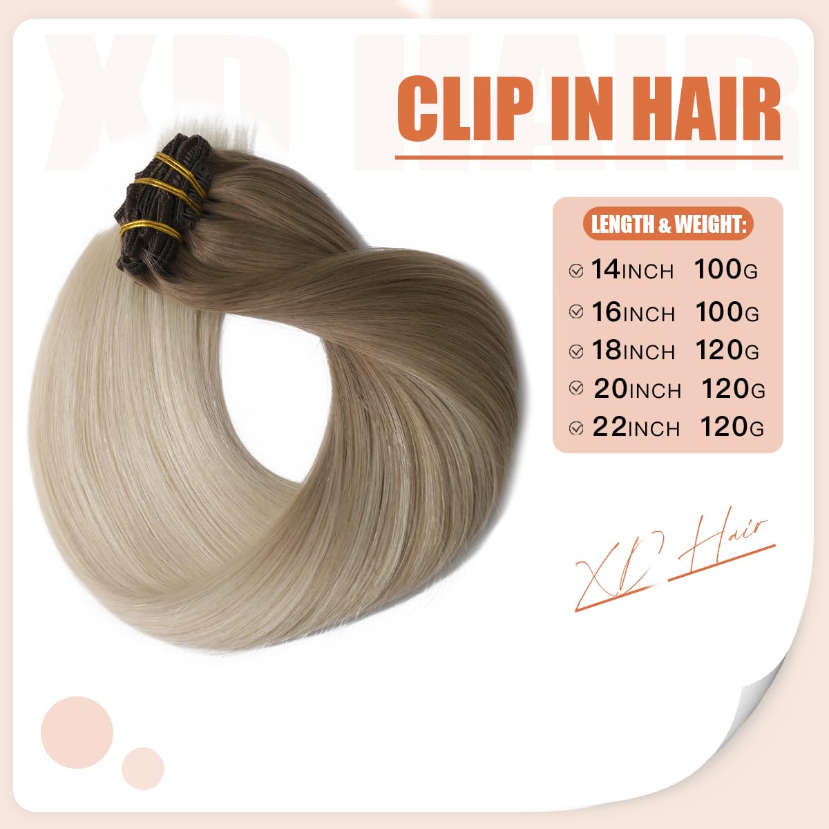 XD Human Hair Clip-in Extensions 100g 16 Inch Balayage Ash Brown to Platinum Blonde - 6pcs Straight Real Hair Extensions for Women (16, #8T60) - Perfect for Daily Wear, Parties & Special Occasions