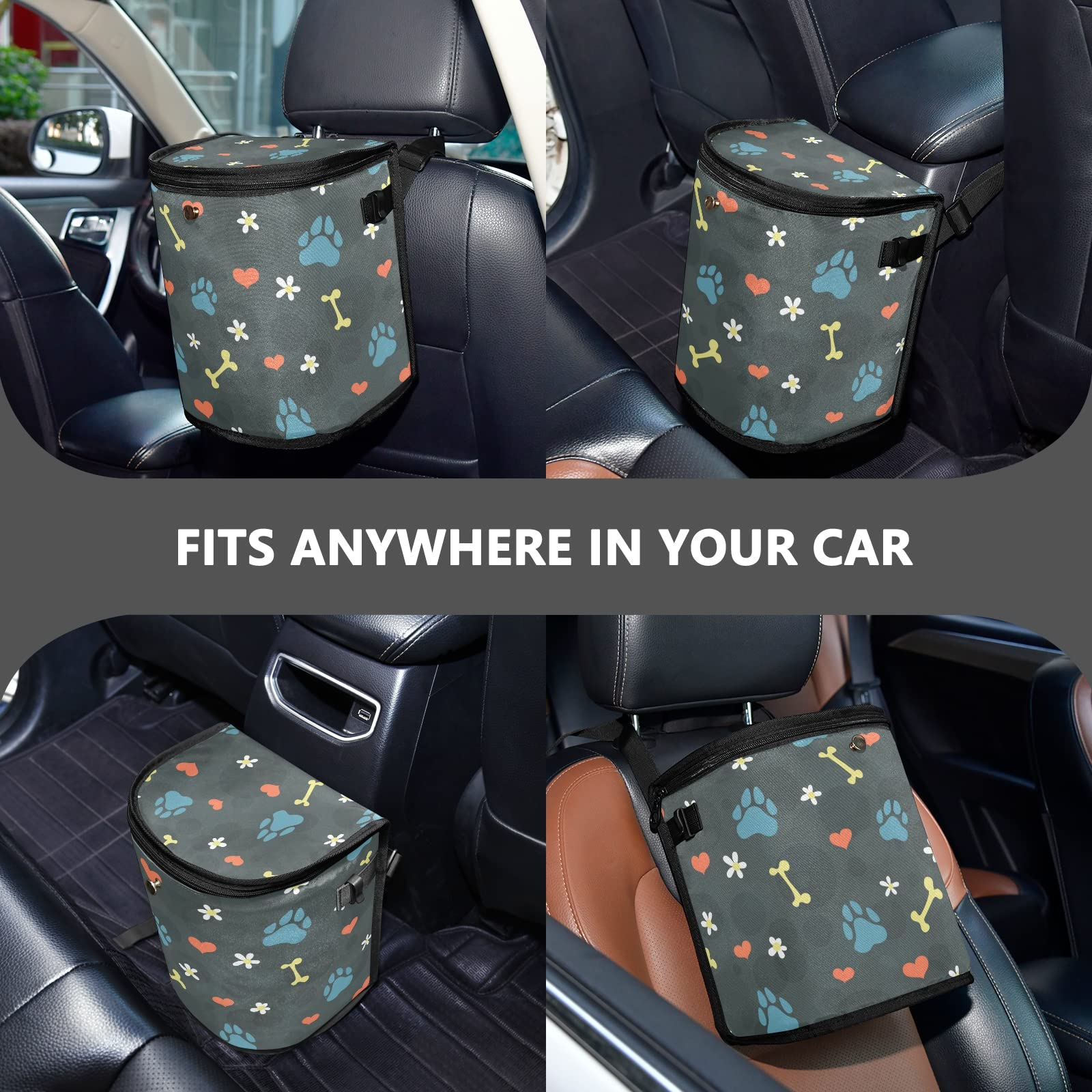 J JOYSAY Collapsible Hanging Car Trash Can - Leakproof Portable Garbage Bag with Paw Prints for Dogs, Perfect for Mini Van, Truck & SUV - Keep Your Vehicle Clean During Road Trips & Daily Commutes