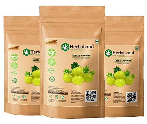 HerbsLand® Organic Amla Powder (Indian Gooseberry) - 3 Pack (225g Total) for Glowing Skin & Healthy Hair Care | DIY Face Masks, Hair Growth Treatments, Ayurvedic Recipes