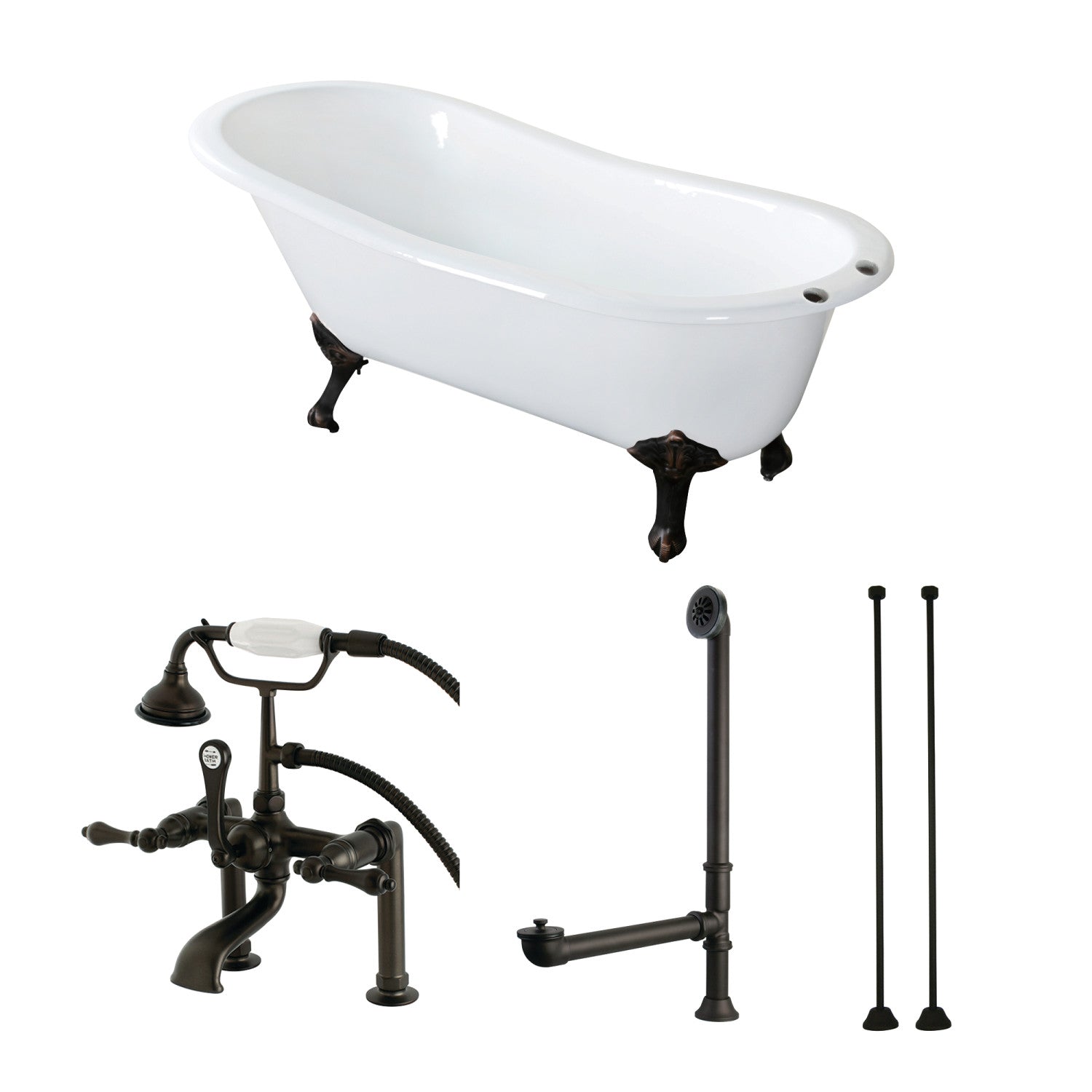 Aqua Eden 62 Inch White Cast Iron Oval Single Slipper Clawfoot Tub with Oil Rubbed Bronze Faucet - Vintage Freestanding Bathtub for Luxury Bathroom & Spa Retreat