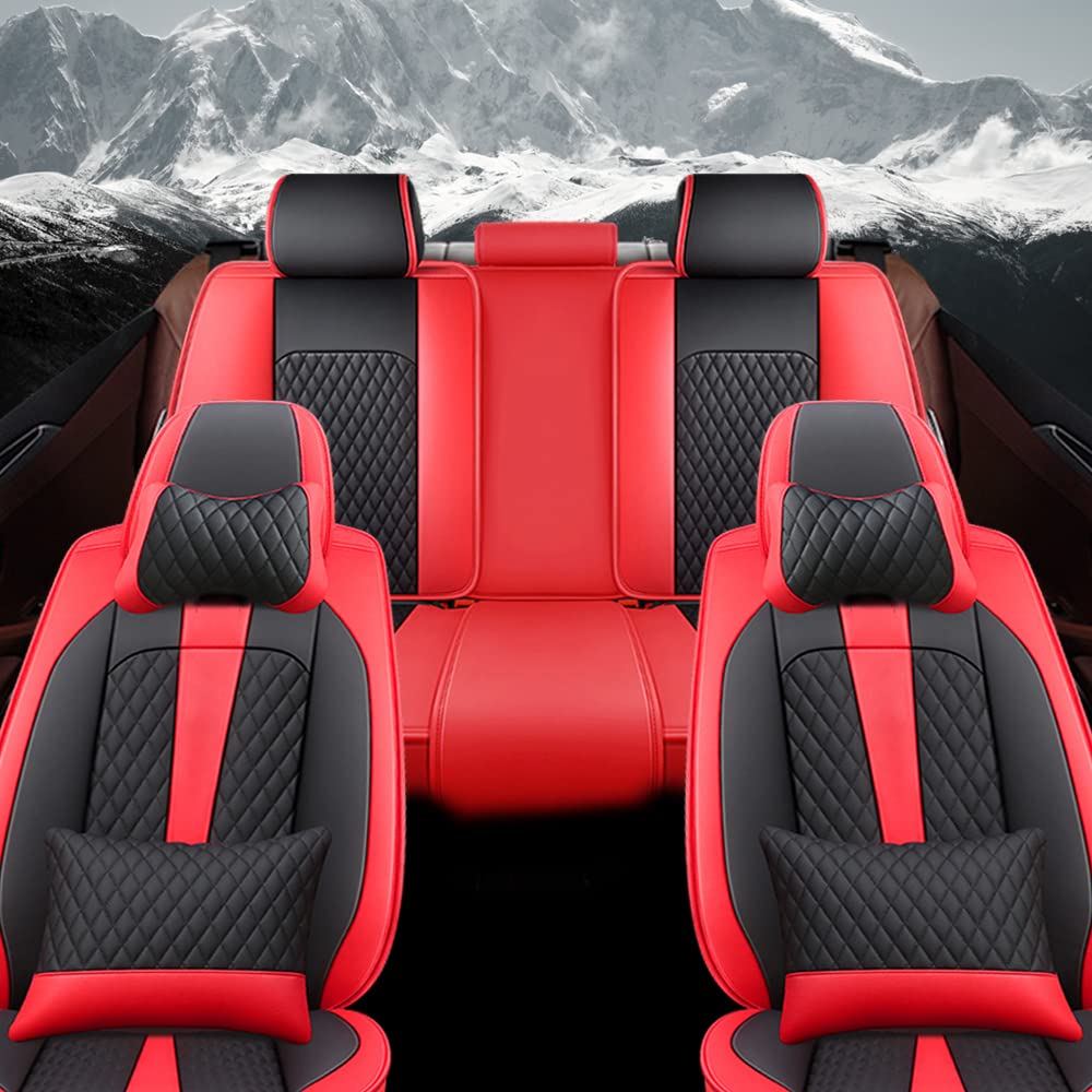 Premium Genuine Leather Car Seat Covers for Infiniti Q50 Q60 - Waterproof, Scratch-Resistant, Non-Slip Design with Airbag Compatibility (Full Set, Black/Red) - Perfect for Luxury Car Protection & Style Enhancement