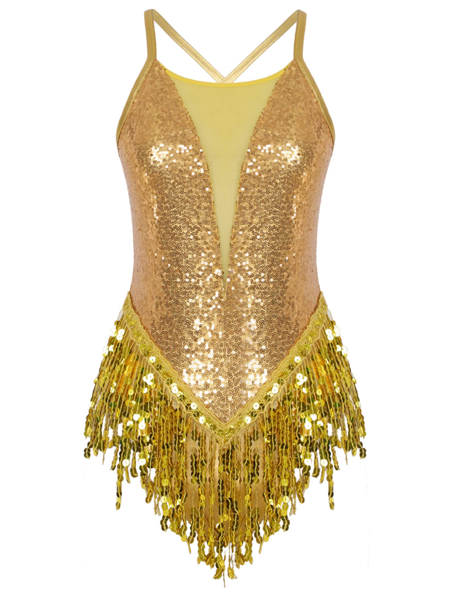 Sparkling Women's Latin Dance Leotard with Sequins & Tassels - Mesh Patchwork Jazz Dance Costume for Salsa, Ballroom & Performance Wear
