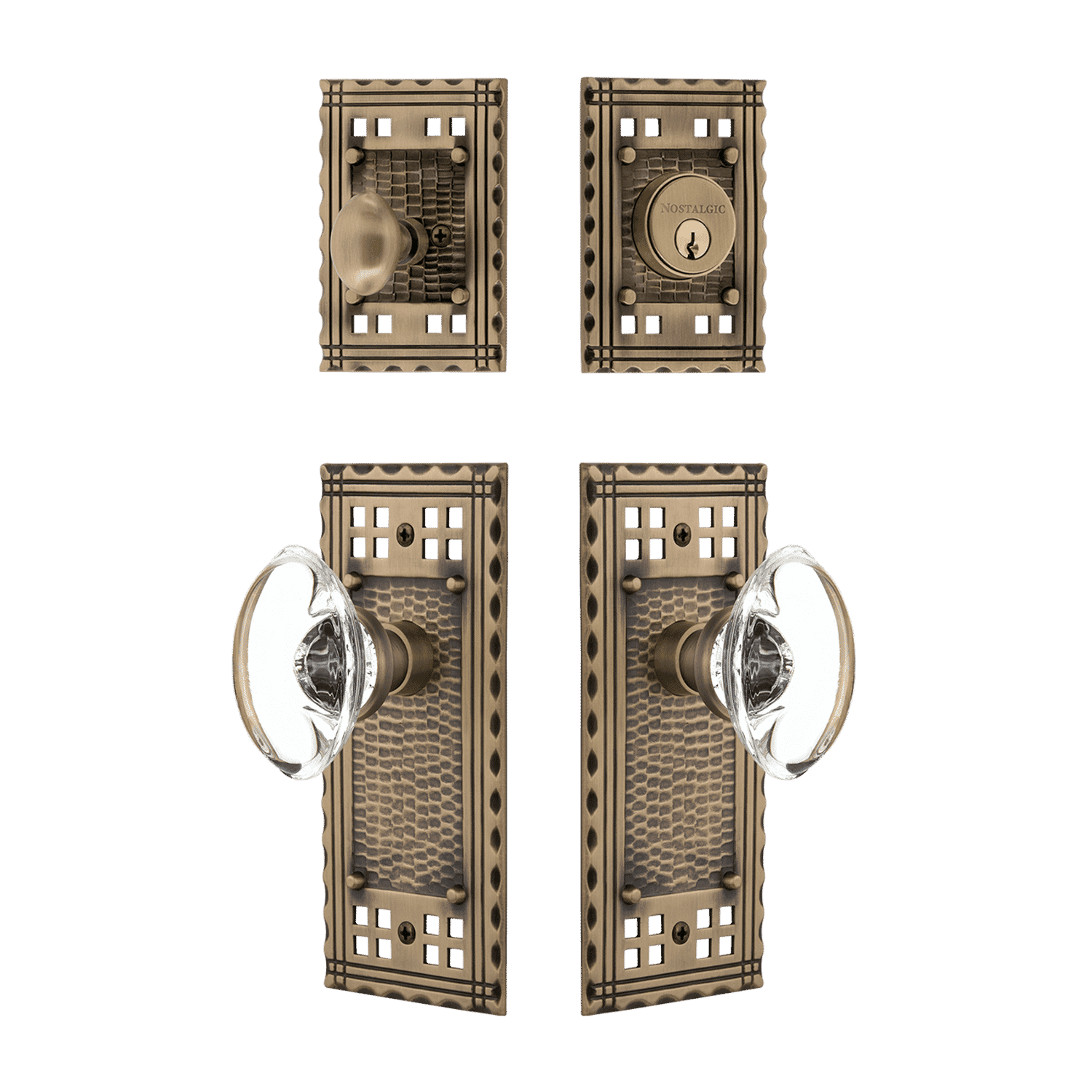 Antique Brass Craftsman Entry Door Set with Oval Clear Crystal Knob - Elegant Hardware for Front Doors, Bedrooms & Interior Spaces