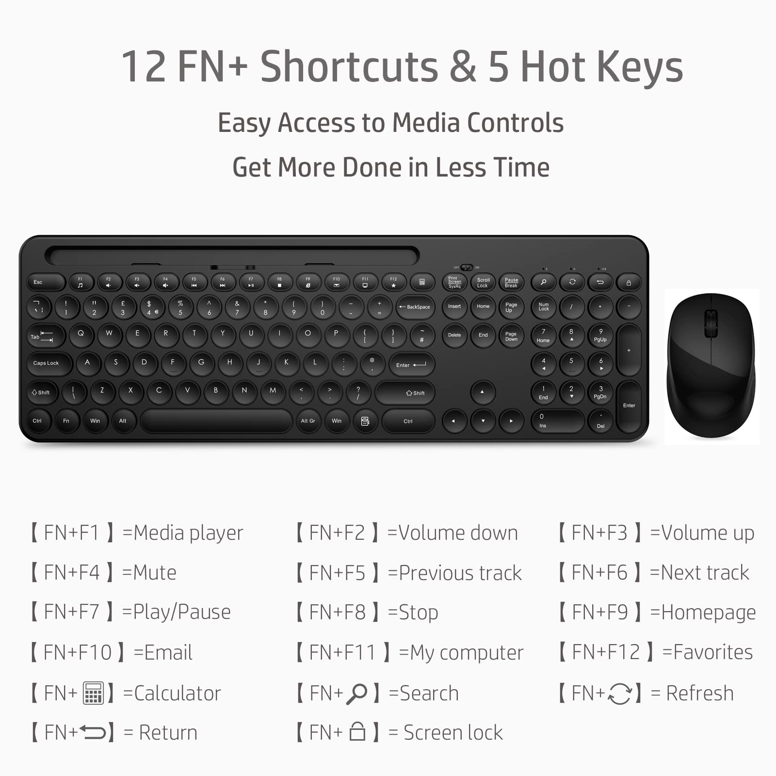 LeadsaiL Wireless Keyboard and Mouse Combo with Phone & Tablet Holder - Full-Sized QWERTY UK Layout for HP, Lenovo, Mac (Black) | Ergonomic Office & Home Workspace Setup for Laptops, PCs, and Tablets