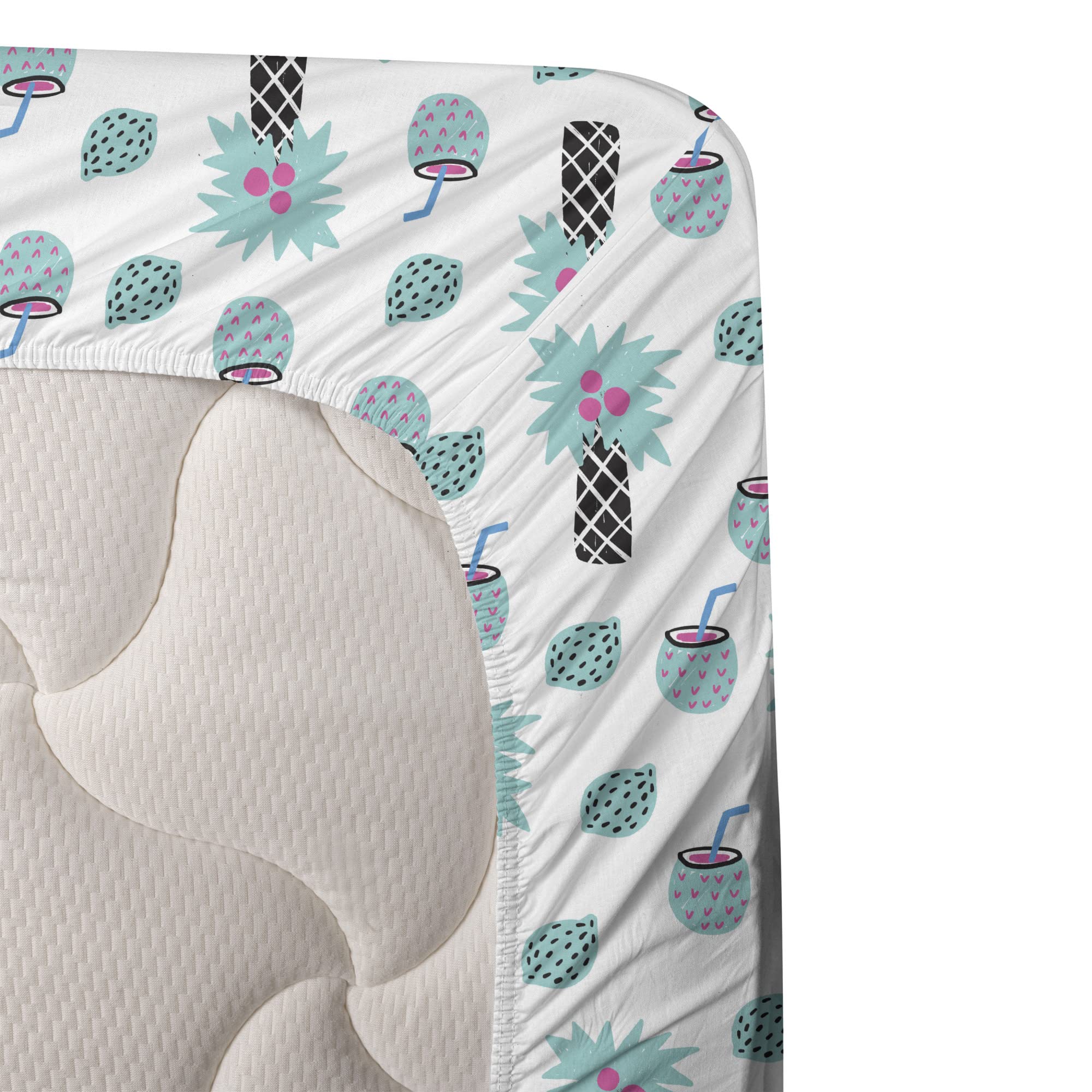 Ambesonne Exotic 4-Piece King Size Sheet Set - Tropical Lemon & Pineapple Hipster Fruit Print, Aqua Magenta & Black Bedding Set with Fitted Sheet, Flat Sheet & Pillowcases | Perfect for Summer Bedroom Decor, Guest Room Makeover or Beach House Retreat
