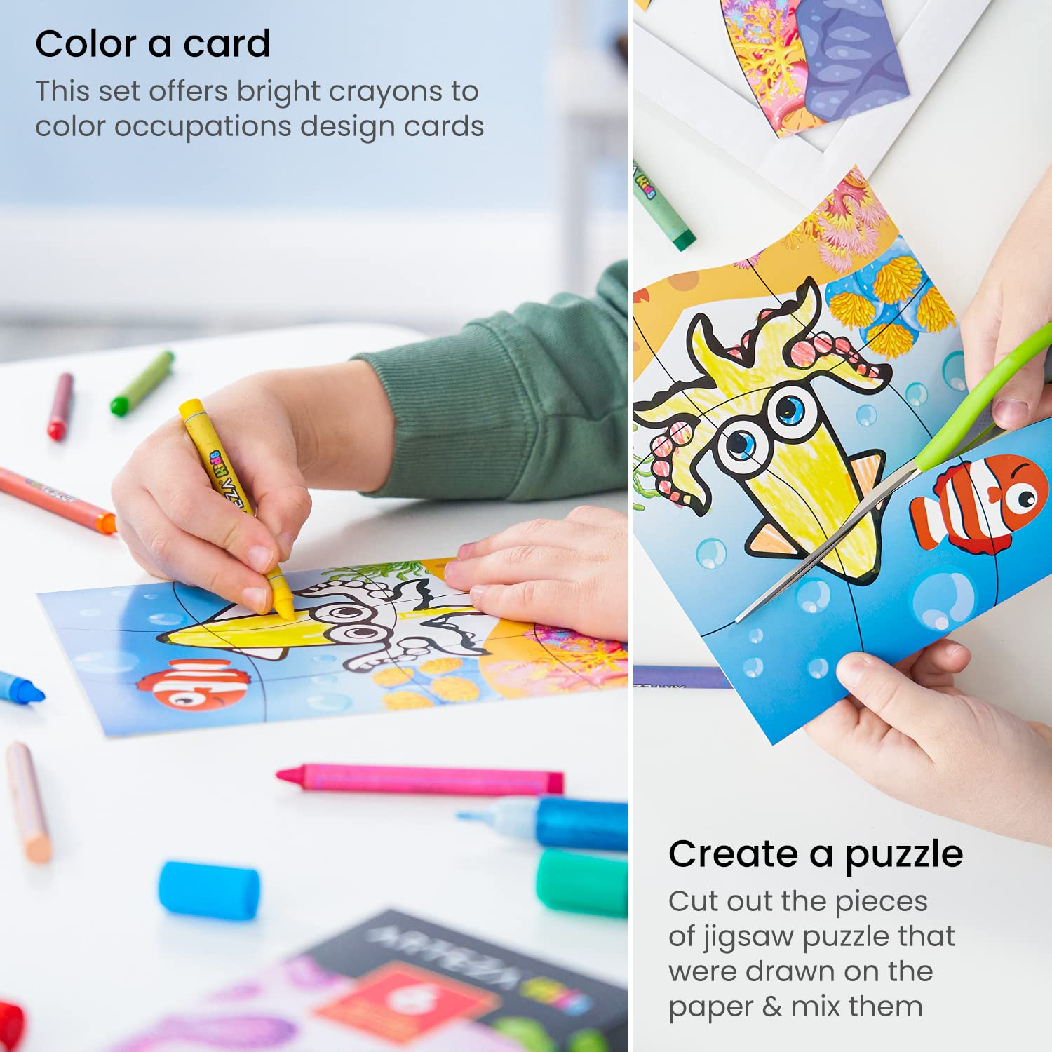 Arteza Kids Sea Life Coloring Puzzle Kit - 5 Puzzles, 16 Crayons, 6 Glitter Glue Tubes, 5 Frames - DIY Art & Craft Supplies for Ages 3+ | Screen-Free Activity, Birthday Gift, Classroom Art Project, Creative Playtime