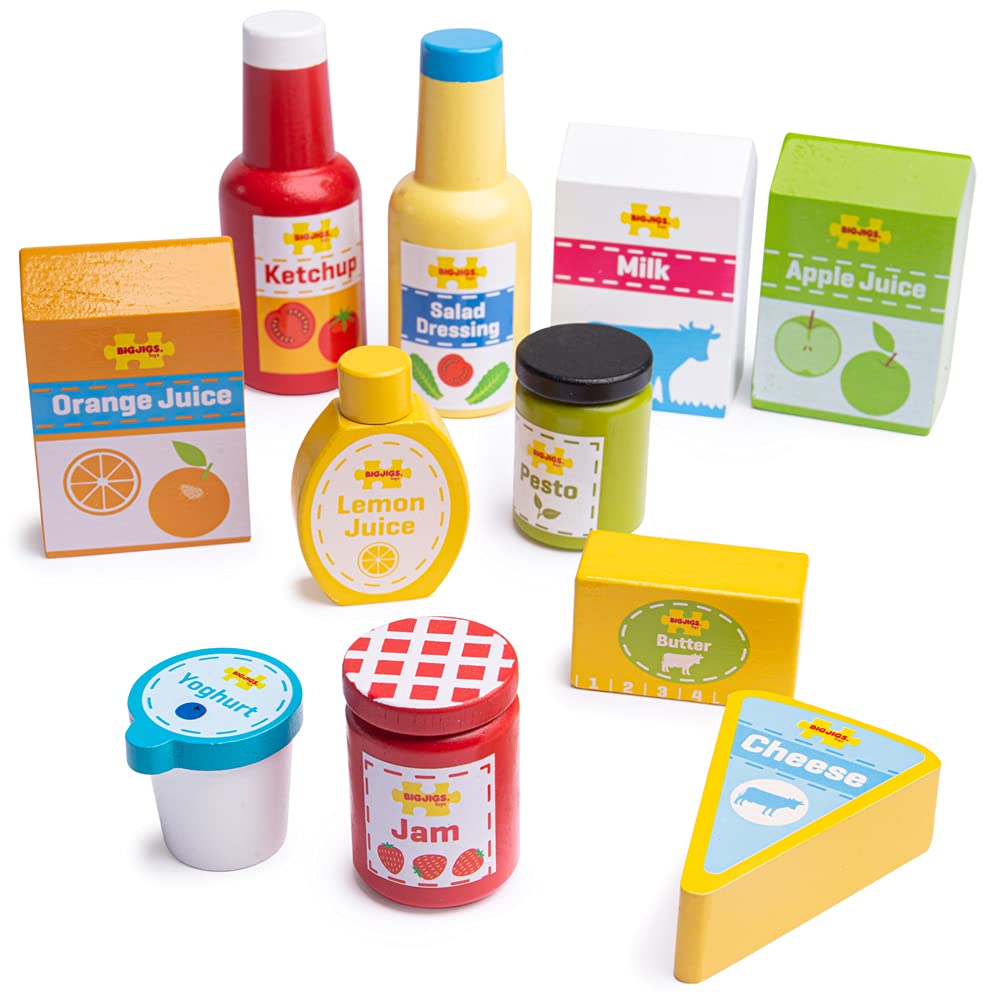 Bigjigs Toys Wooden Play Food Set - 11 Piece Chilled Groceries for Pretend Play, High Quality Wooden Toy Food for Toddlers & Kids, Perfect Wooden Kitchen Accessories for Imaginative Play & Early Learning | Great for Preschool Playtime, Montessori Activities & Role-Playing Games