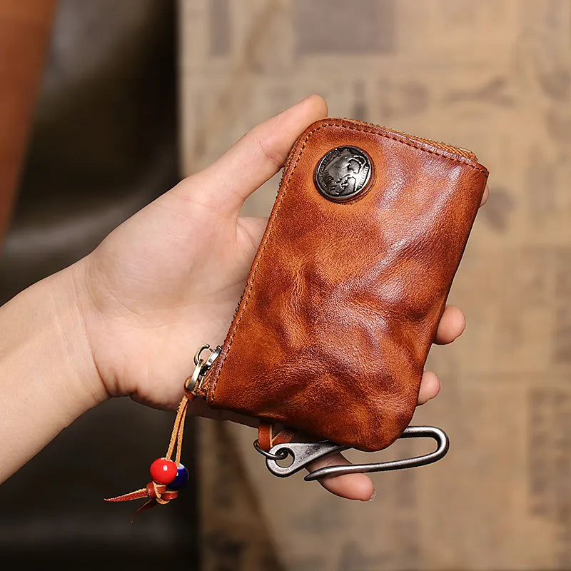Genuine Leather Key Wallet for Men - Vintage Handmade Car Key Holder with Coin Purse & Card Slots - Perfect for House Keys, Coins, Credit Cards & Organizing Essentials | Ideal for Daily Use, Travel & Gifts
