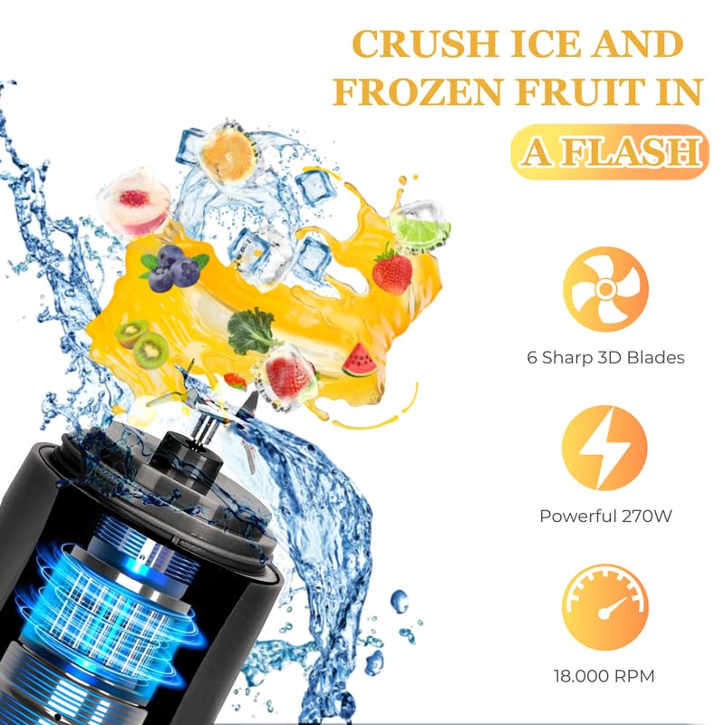 21oz Cordless Portable Blender - BPA Free Personal Blender with Travel Cup | USB-C Rechargeable | Stainless Steel Blades | Perfect for Smoothies, Protein Shakes & Cocktails | Ideal for Gym, Office & Outdoor Use (Peach-Black)