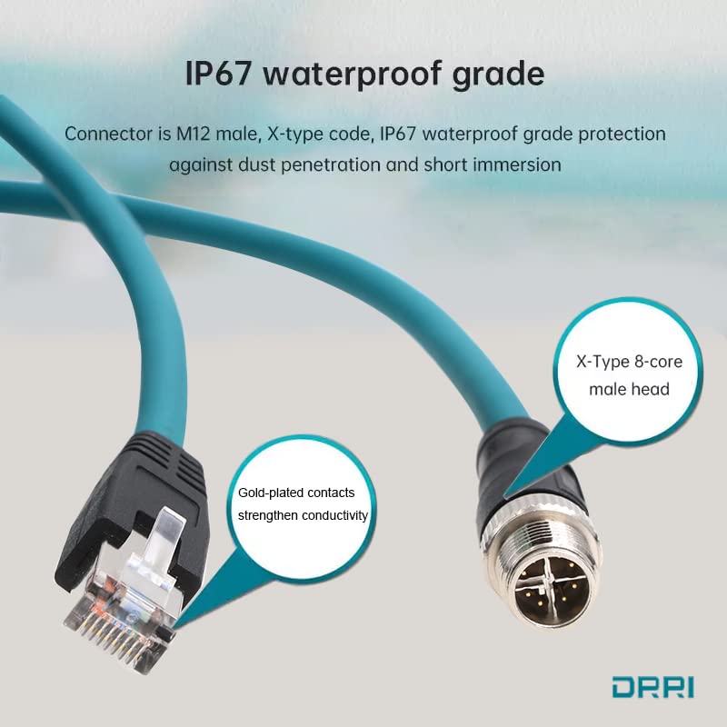 DRRI M12 X-Coded 8 Pin to RJ45 Cat 7e Shielded Ethernet Cable - 3M Gigabit Network Cable for Cognex 262 Cameras & Barcode Scanners | Industrial Automation, Factory Equipment Connectivity