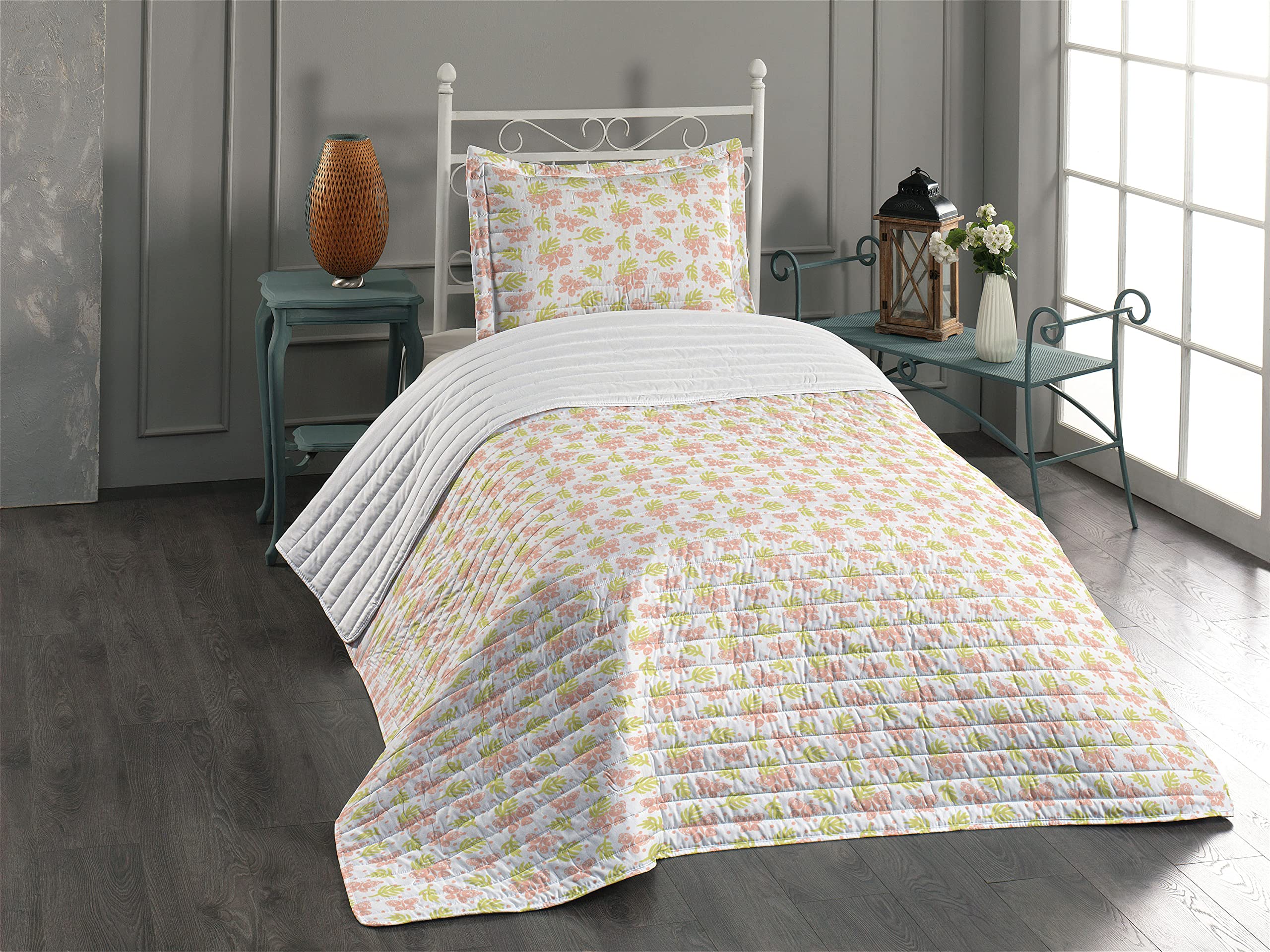 Ambesonne Blush Pink Microfiber Bedspread Set - Abstract Leafy Branches with Butterflies on Polka Dots Design, Soft Twin Size Bedding Set Includes Pillow Sham & Comforter in Blush Pale Green White | Perfect for Teen Girls' Room, Guest Bedroom or Bohemian Style Home Decor