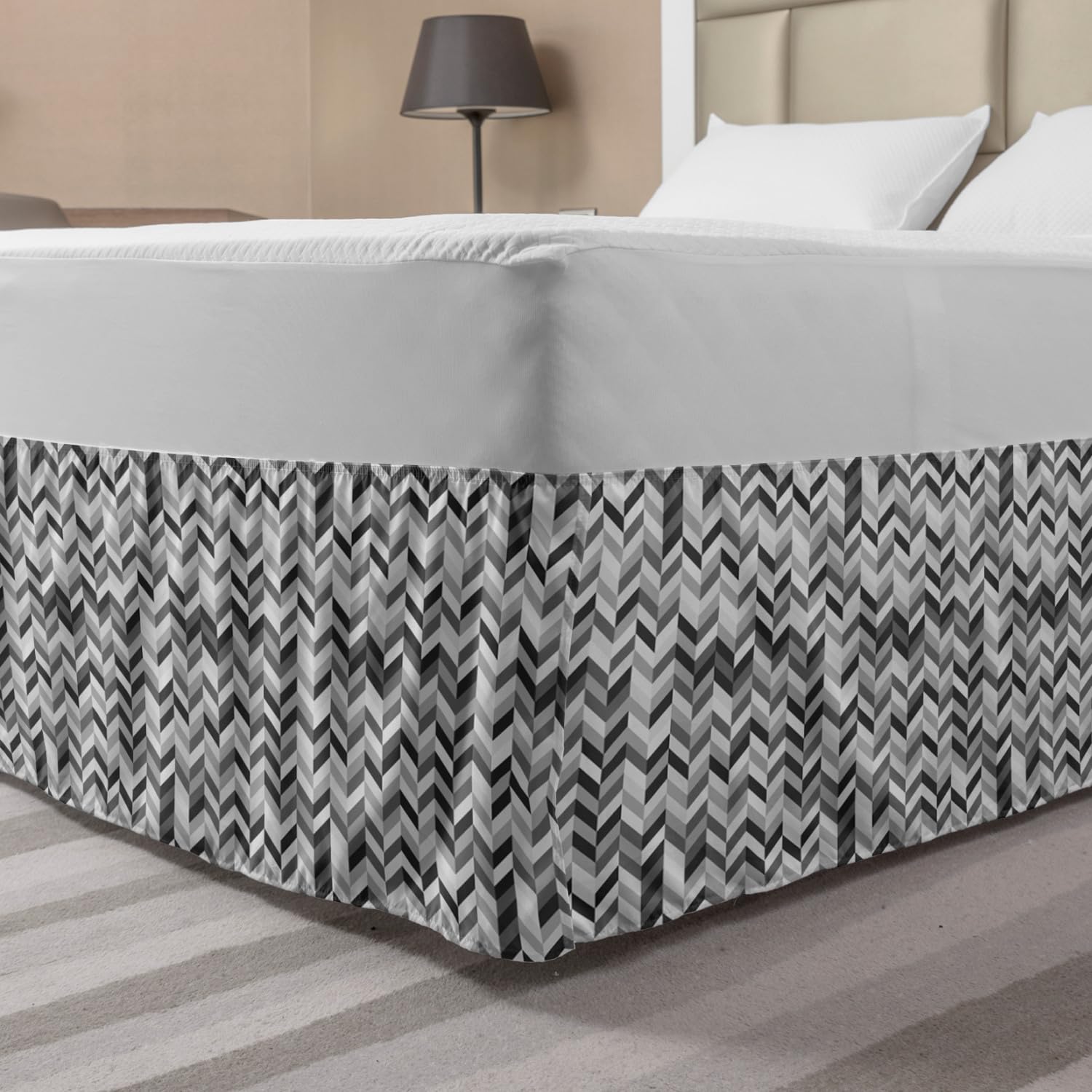 Ambesonne Grey Chevron Elastic Bed Skirt - Herringbone Geometric Minimalist Design, Wrap Around Fabric Dust Ruffle for Queen Size Beds, Dark Grey Pearl | Perfect for Modern Bedrooms, Guest Rooms & Home Decor