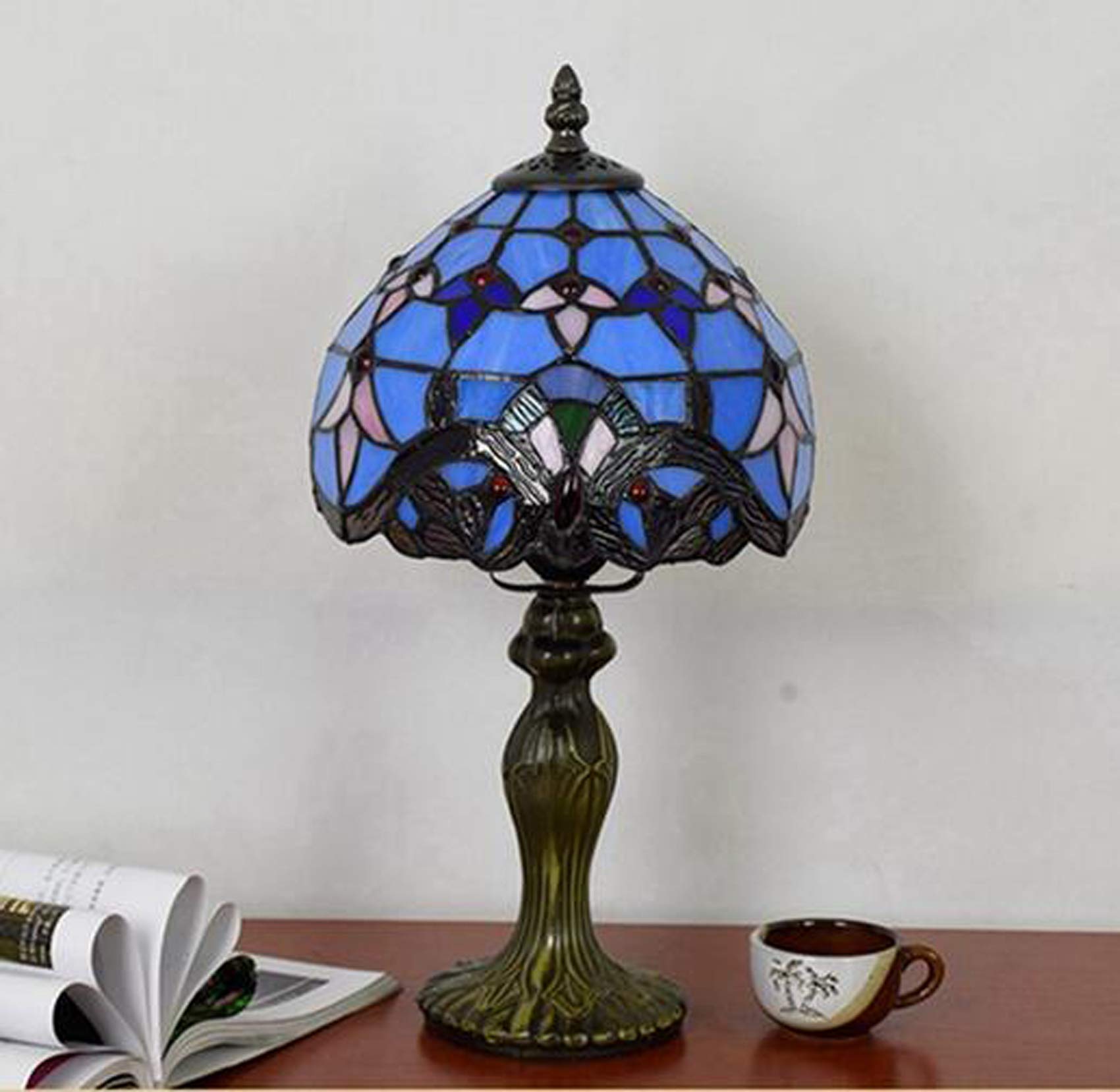 Blue Baroque Tiffany Style Table Lamp - 8 Inch Small Stained Glass Desk Lamp for Bedroom, Study & Office - Perfect for Reading, Decor & Ambient Lighting