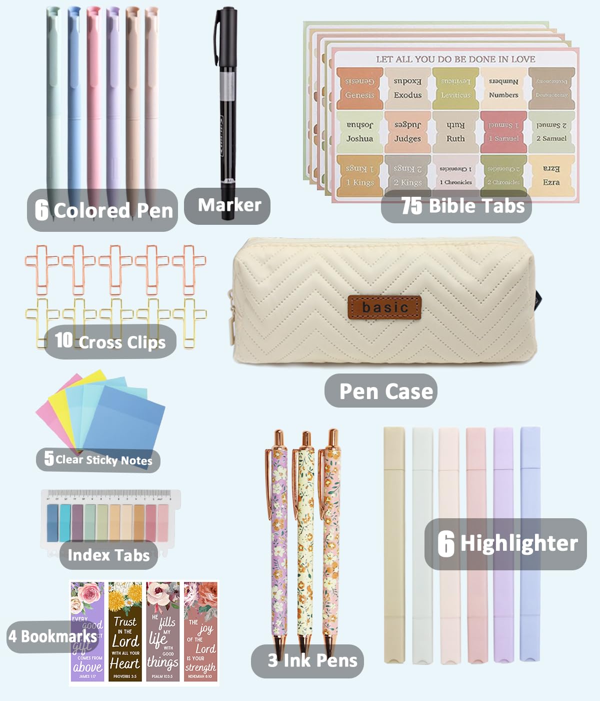 PartyGalore Bible Study Journaling Kit with Tabs, Highlighter, Pen Case & Bookmark - Christian Annotation Supplies for Women & Students - Perfect for Bible Study Groups, Church Gifts & Personal Devotion
