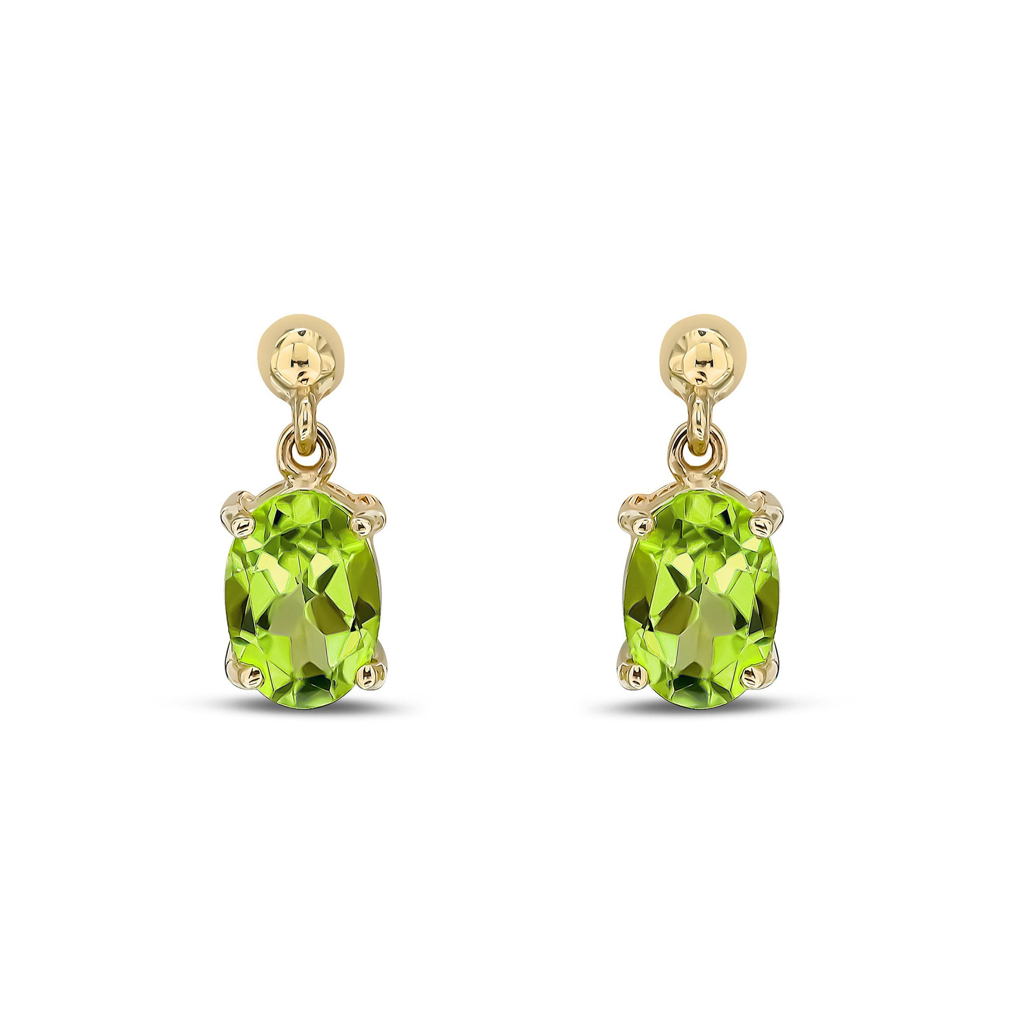 9ct Yellow Gold Peridot Oval 4 Claw Stud Drop Earrings 7x5mm - Elegant Dangling Earrings for Women, Perfect for Weddings, Parties & Special Occasions