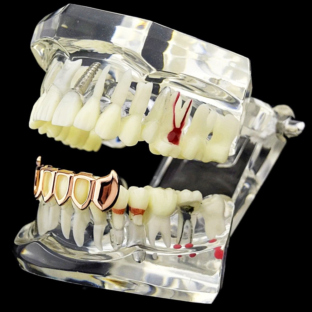 14K Rose Gold Plated Vampire Fang Grillz - Open Face Teeth Jewelry for Lower Bottom - Perfect for Halloween Costumes, Hip Hop Fashion & Gothic Style