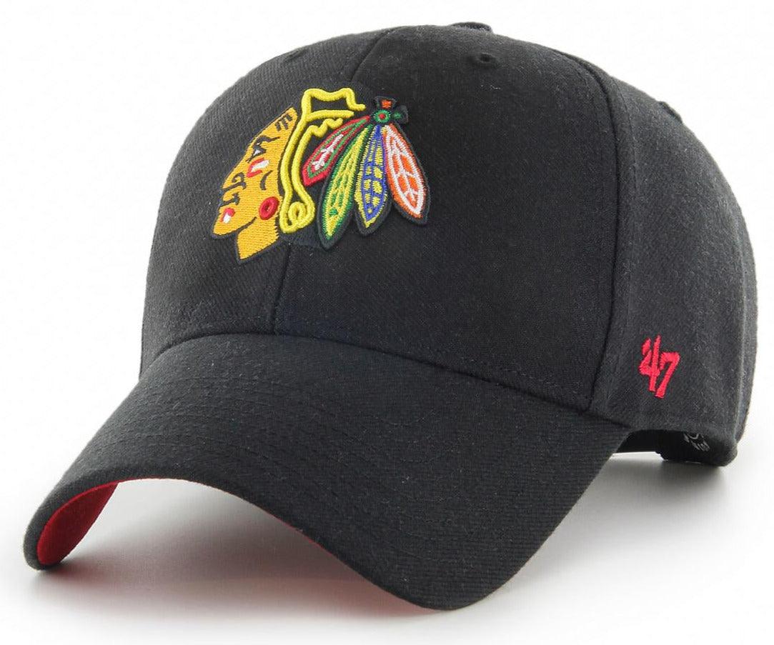 Chicago Blackhawks 47 Brand MVP Black Adjustable Snapback Hat - Official NHL Team Logo Cap for Men & Women - Perfect for Games, Tailgating & Streetwear Fashion