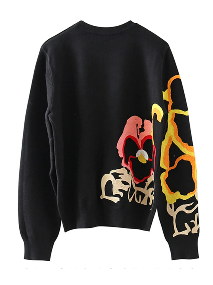 Boho Black Floral Embroidery Pullover Sweater for Women - Long Sleeve O-Neck Loose Knit Jumper Top for Autumn & Winter | Casual Outfits, Holiday Parties, Office Wear & Cozy Layering