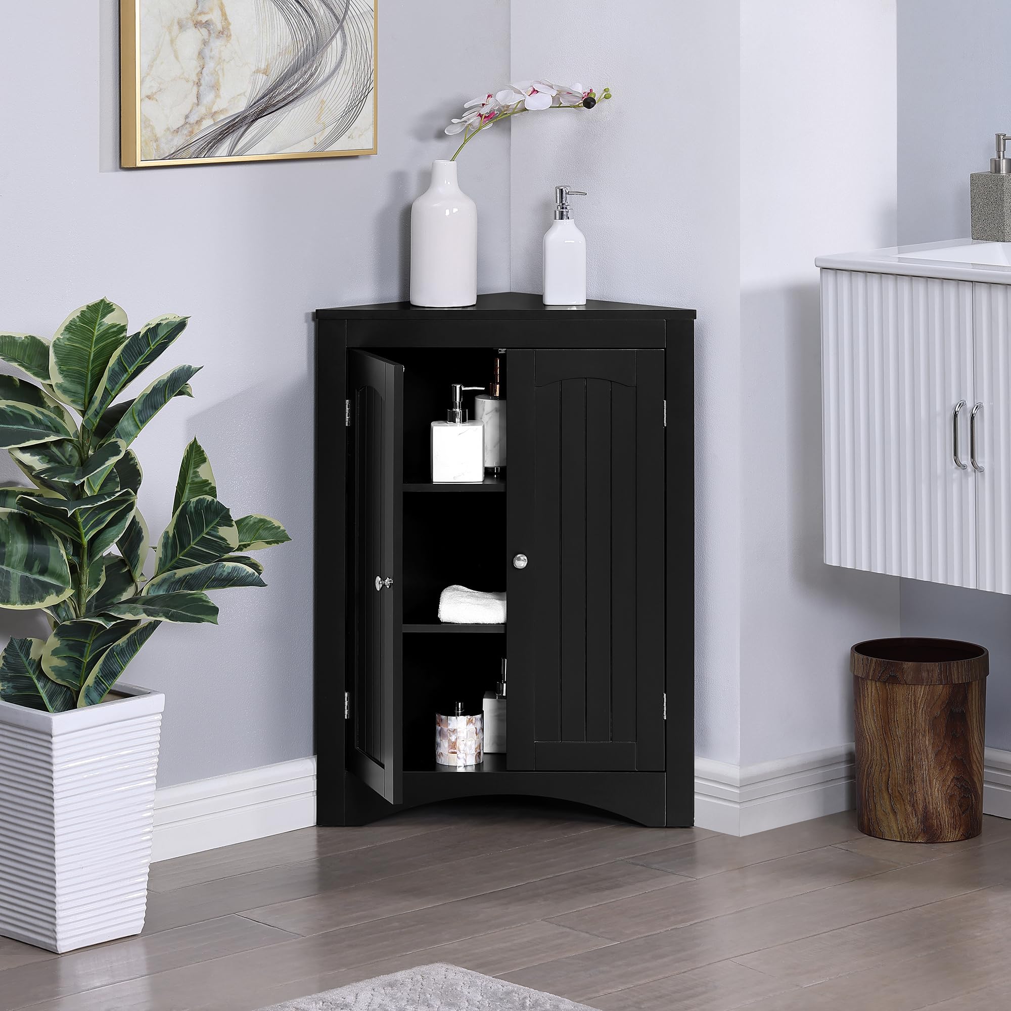 Bellemave Triangle Bathroom Floor Corner Cabinet with Adjustable Shelves & Doors - Freestanding Storage Cabinet for Bathroom, Kitchen, Living Room (Black) | Space-Saving Organizer for Small Bathrooms & Compact Spaces