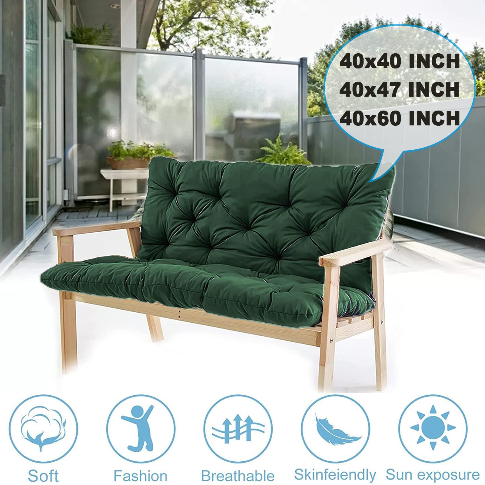 Waterproof Outdoor Swing Cushions with Backrest - 40x40 Inch Dark Green 2-3 Seater Bench Cushions for Porch, Garden & Patio Furniture - Perfect for Relaxing on Your Deck, Swing or Outdoor Lounge Area - Ideal for Backyard, Poolside & Hammock Comfort