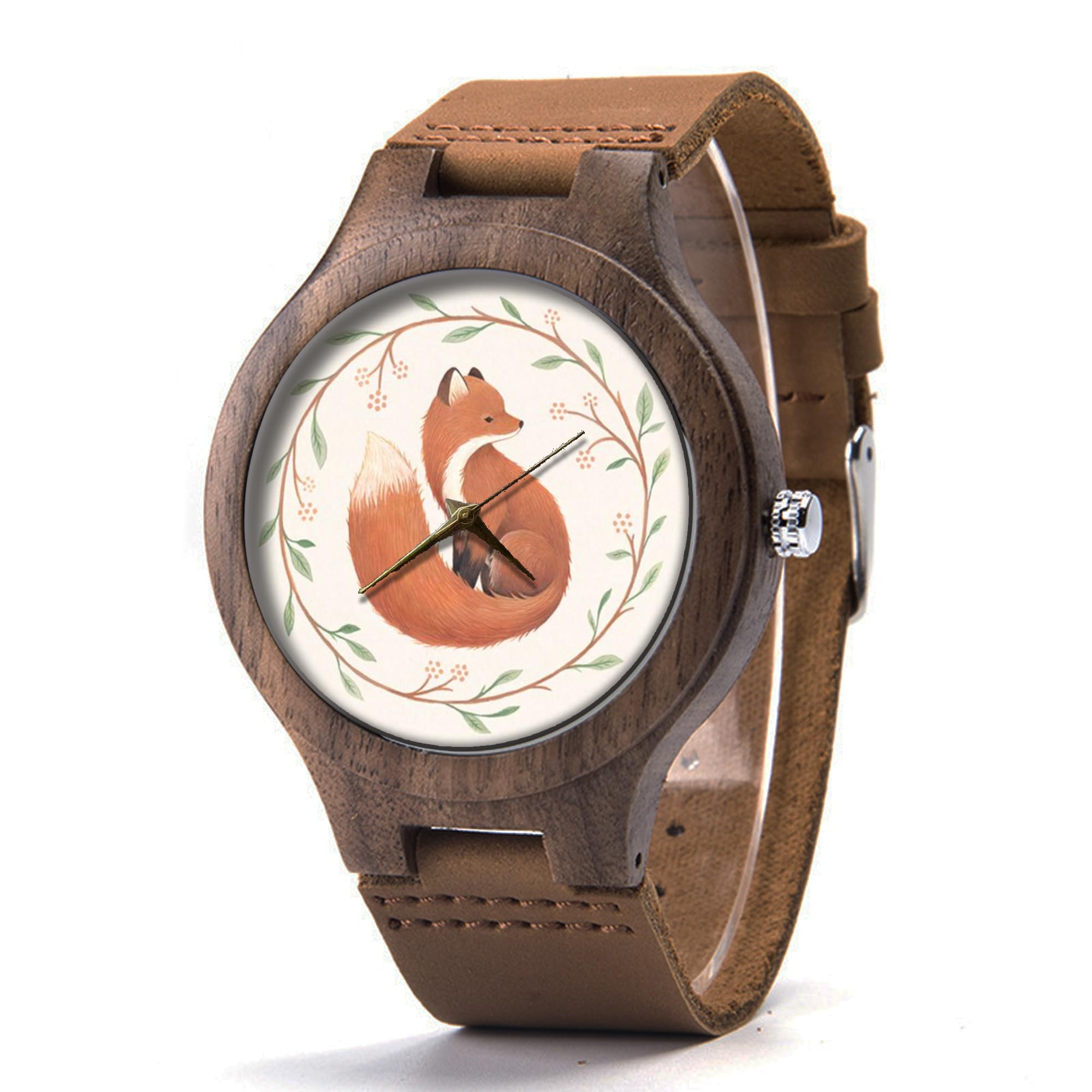 Vintage Fox Wood Leather Watch for Men - Handmade Wooden Fox Design with Genuine Leather Strap - Unique Animal Jewelry & Stylish Accessory - Perfect for Outdoor Adventures, Casual Wear & Gift Giving