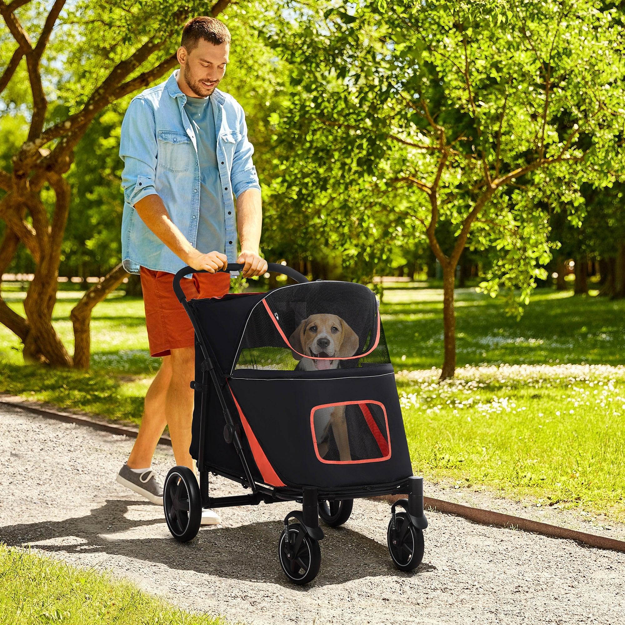 1 Click Foldable Dog Stroller for Medium & Large Dogs - Pet Stroller with Storage Basket, Shock Absorption Wheels, Breathable Mesh Windows & Safety Leash - Ideal for Walking, Shopping & Outdoor Adventures (Black)