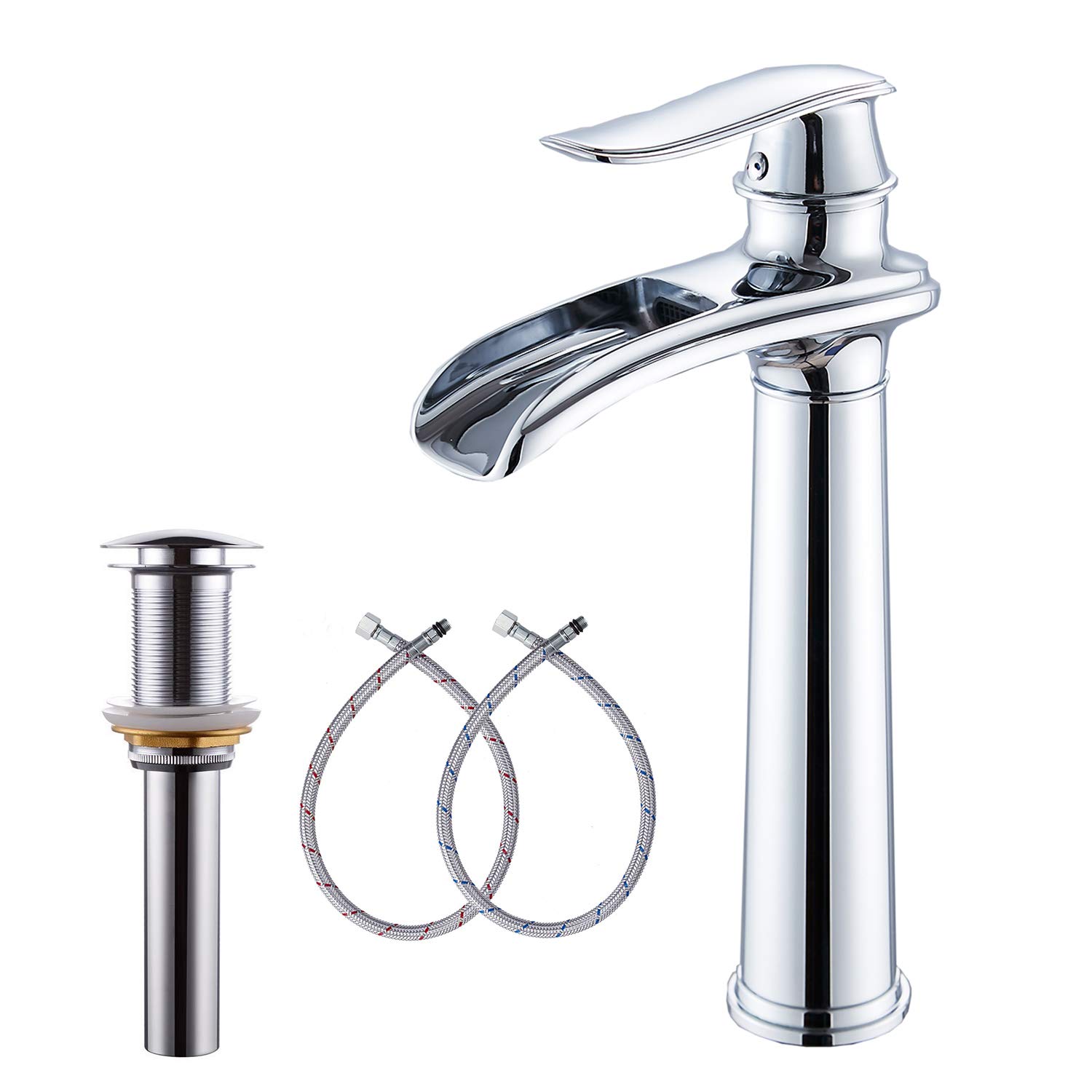 GGStudy Chrome Waterfall Single Handle Bathroom Faucet - One Hole Vessel Sink Faucet with Pop Up Drain for Farmhouse Style Bathroom | Perfect for Modern & Rustic Bathroom Decor